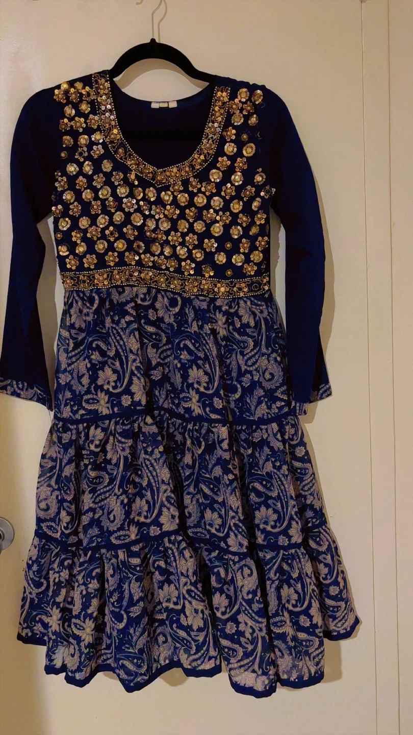 Navy Blue Beaded Tiered Dress with Paisley Print eid