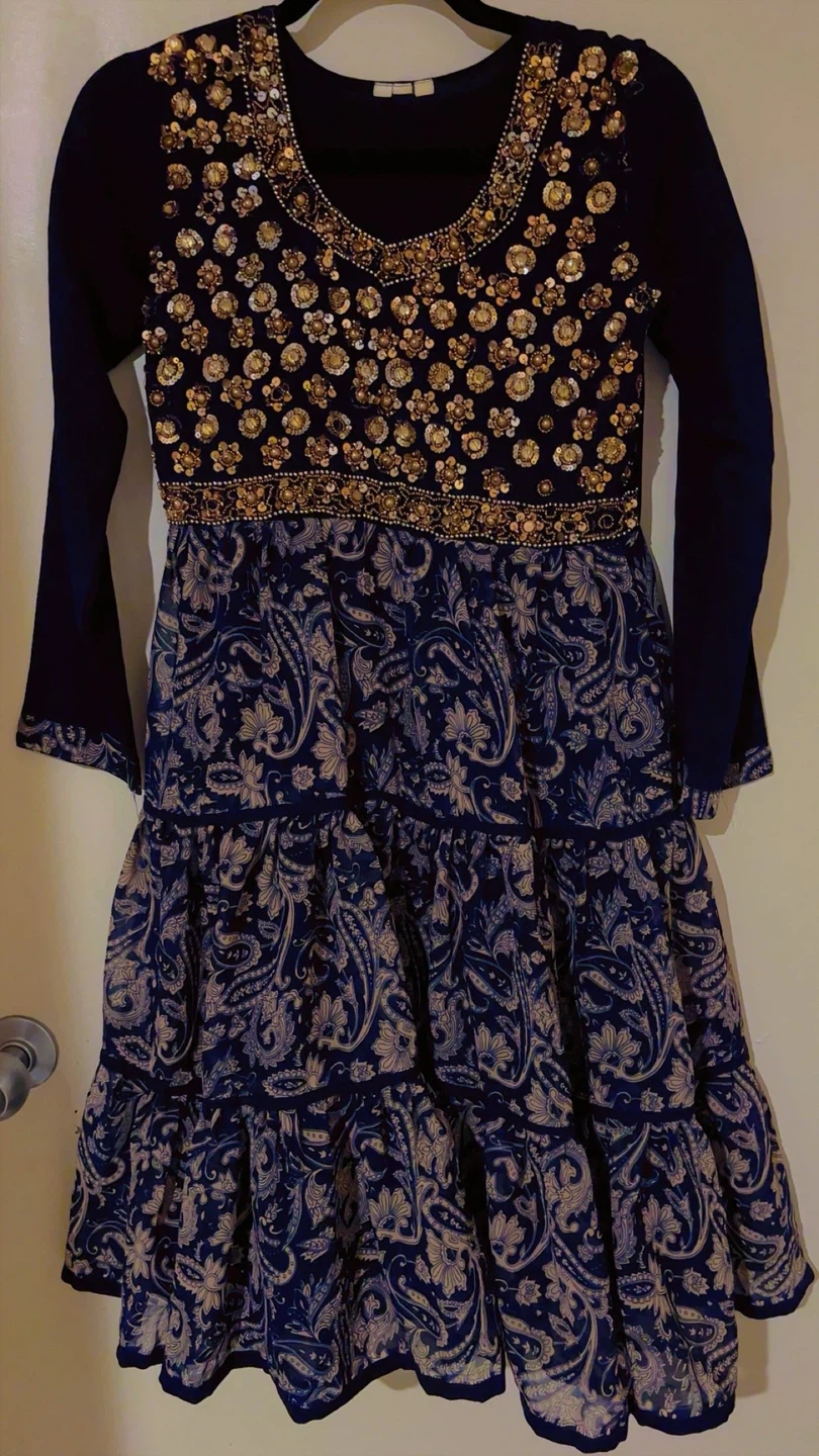 Navy Blue Beaded Tiered Dress with Paisley Print eid - photo 3