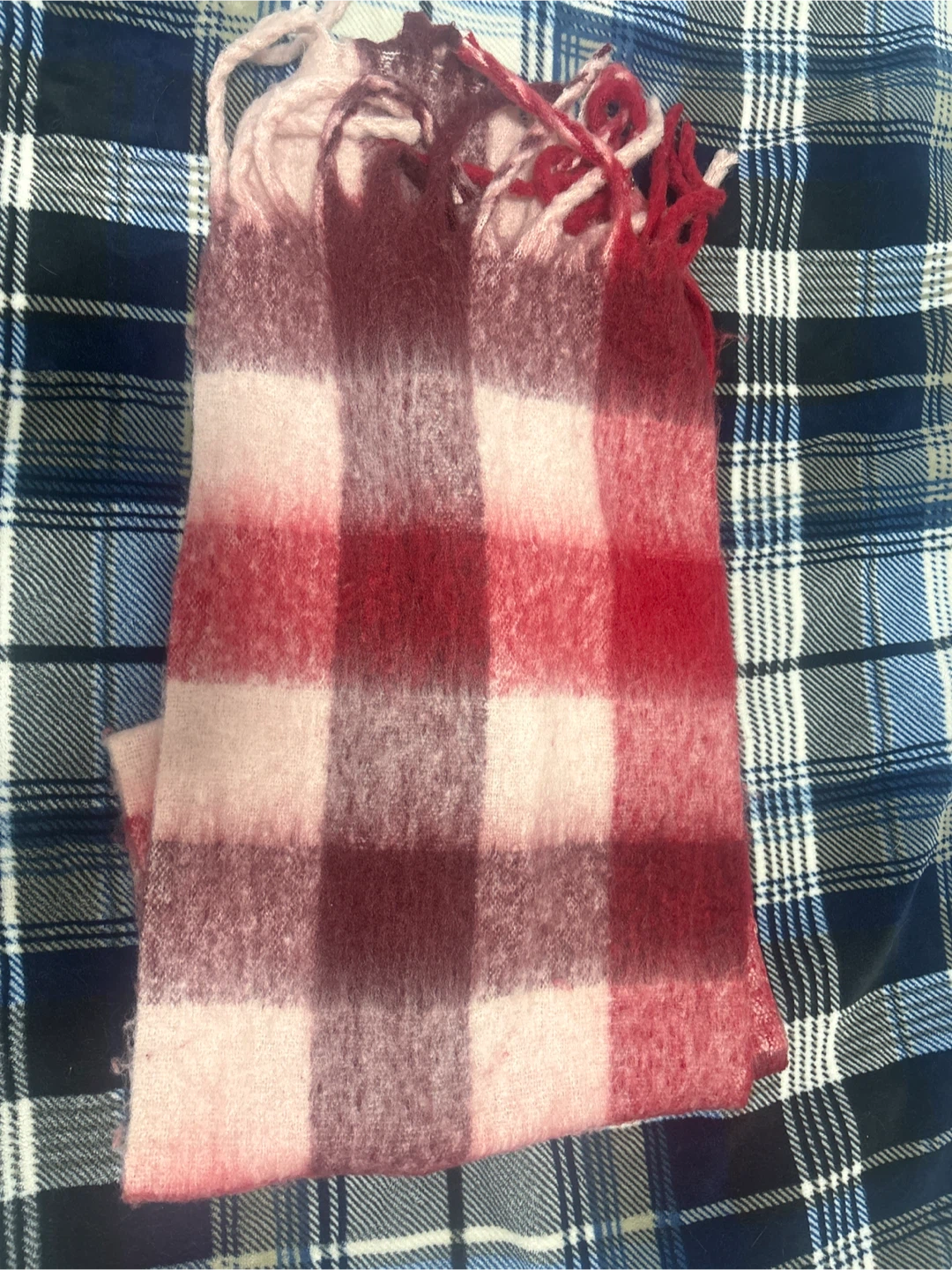 Plaid Fringe Scarf - Pink & Burgundy