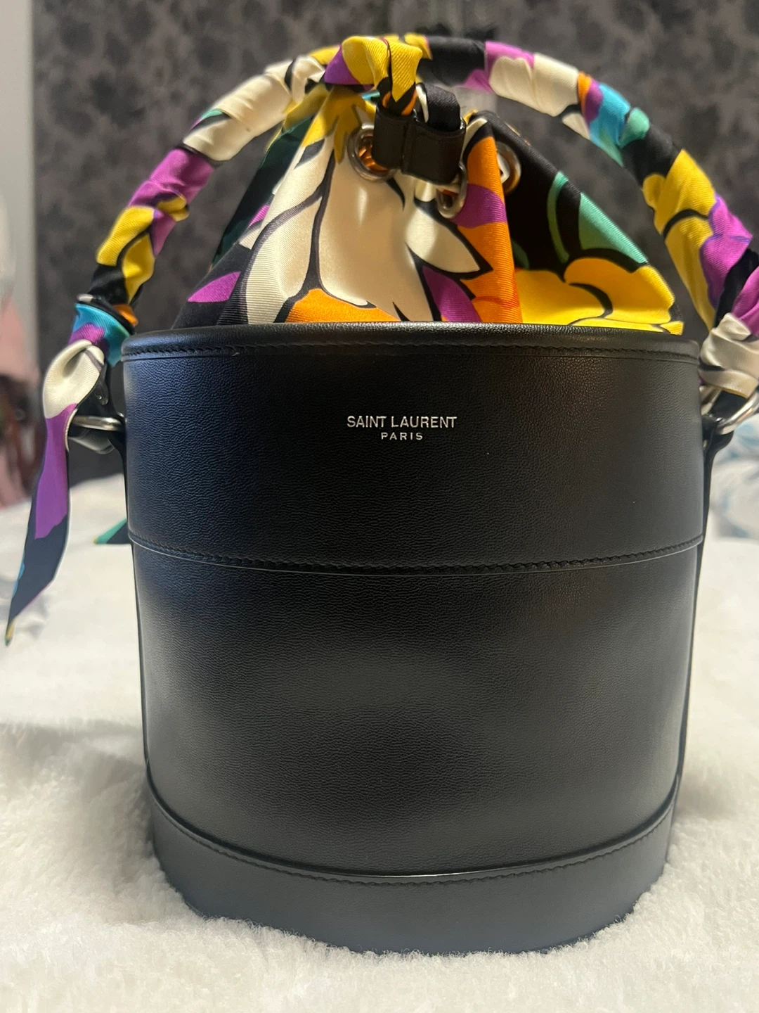 Saint Laurent Black Leather Bucket Bag with Scarf Handle