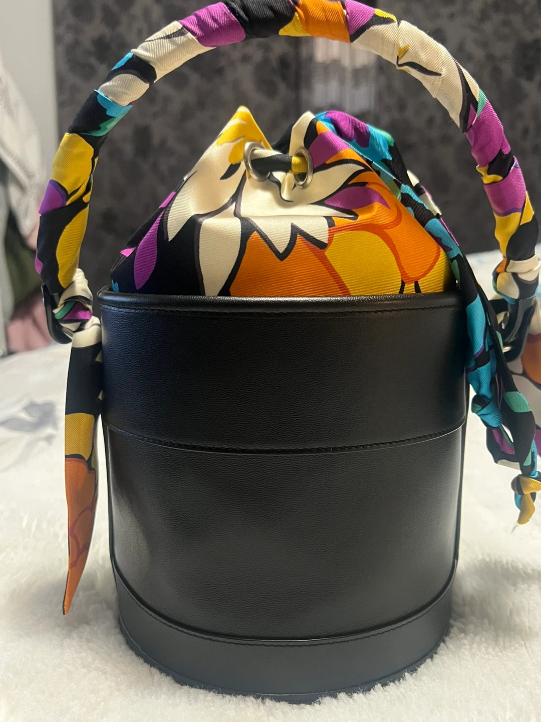 Saint Laurent Black Leather Bucket Bag with Scarf Handle - photo 3