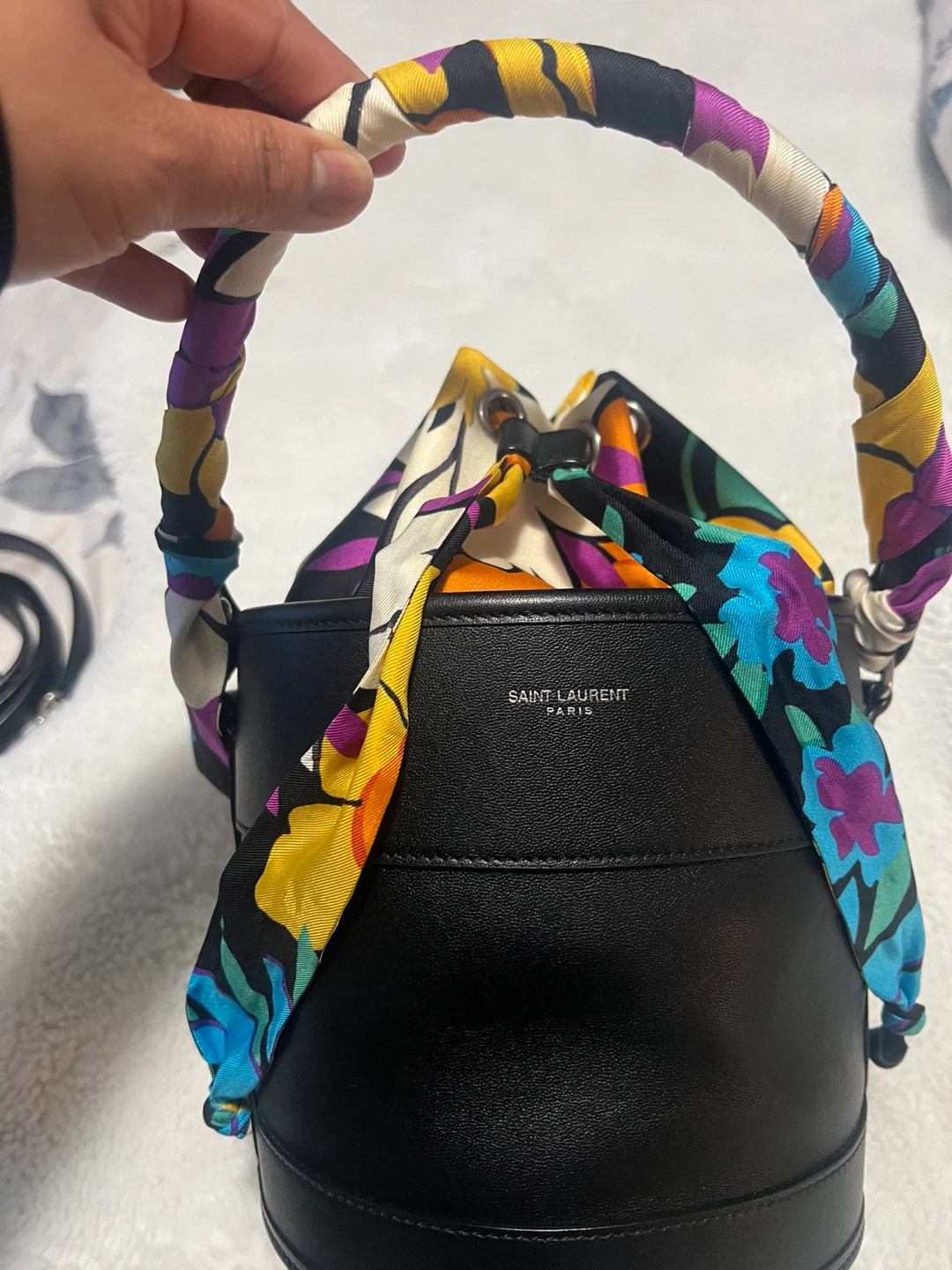 Saint Laurent Black Leather Bucket Bag with Scarf Handle - photo 2