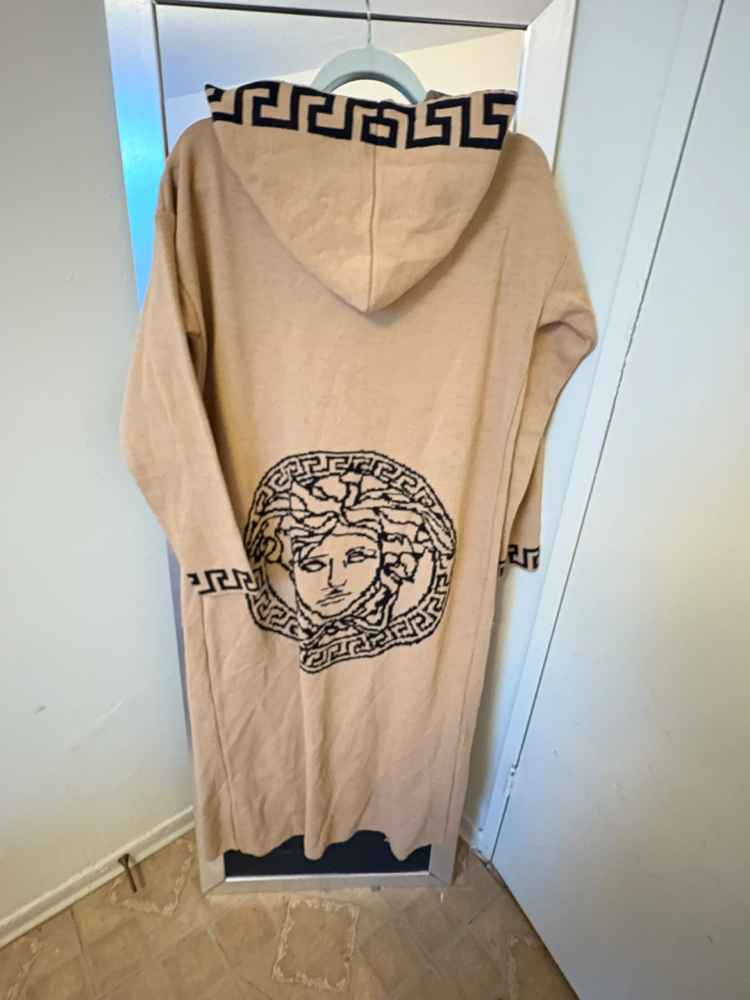 Camel Knit Cardigan with Greek Key and Medusa Print