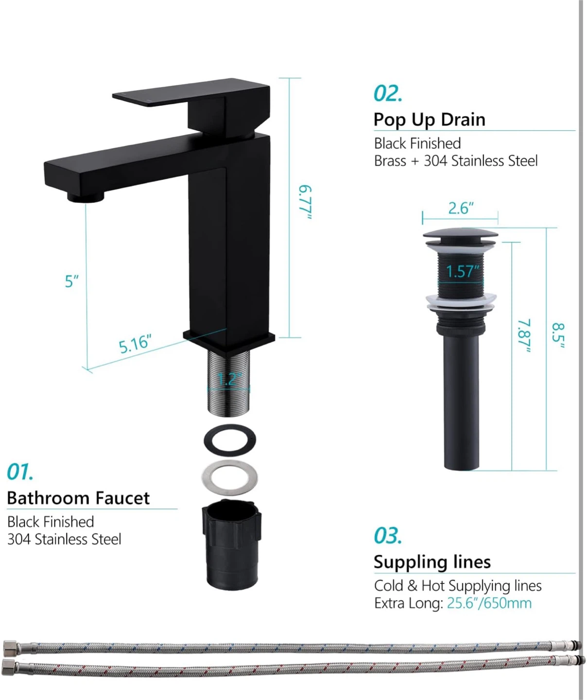 Black Bathroom Faucet with Pop Up Drain and Supply Lines