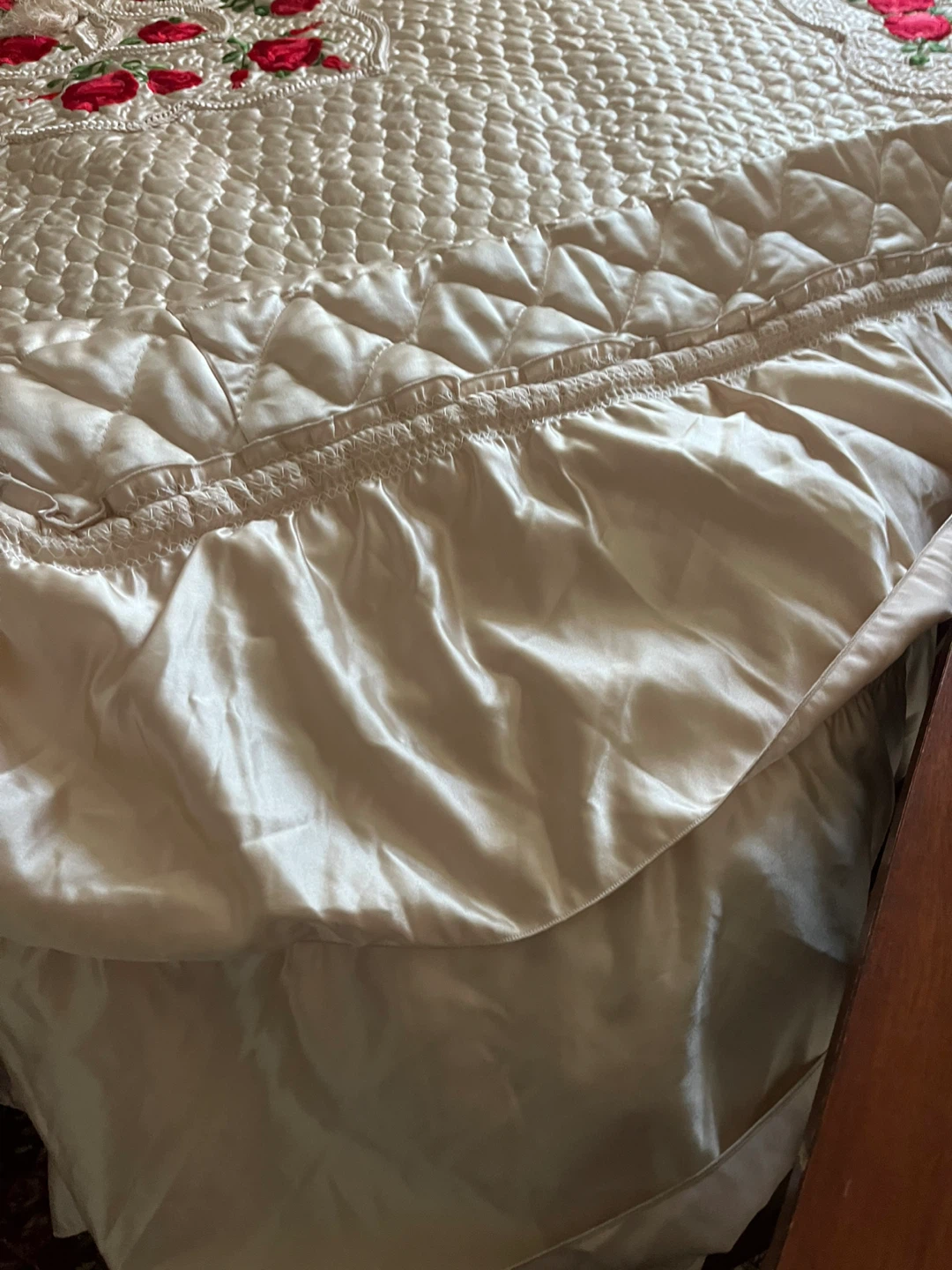 Champagne Satin Quilted Bedspread with Red Rose Embroidery
