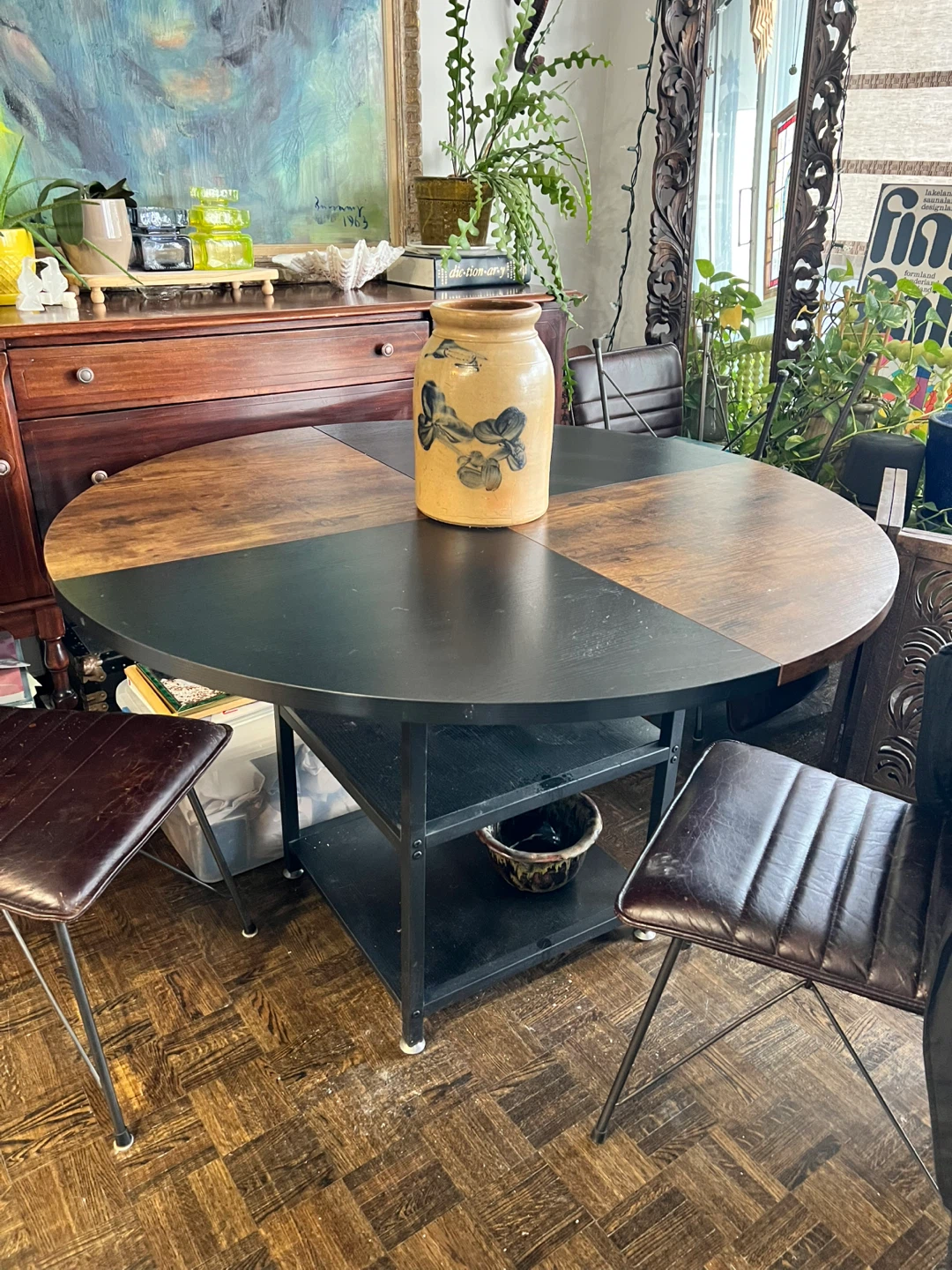 Stylish Round Rustic Wooden Dining Table with Storage