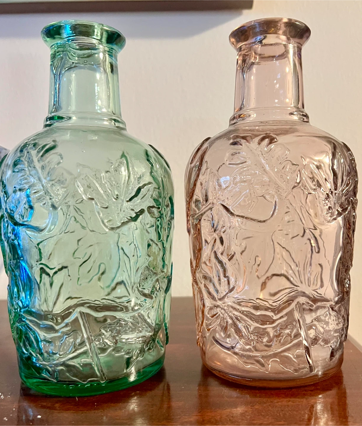 Set of 2 Embossed Glass Bottles - Green and Pink