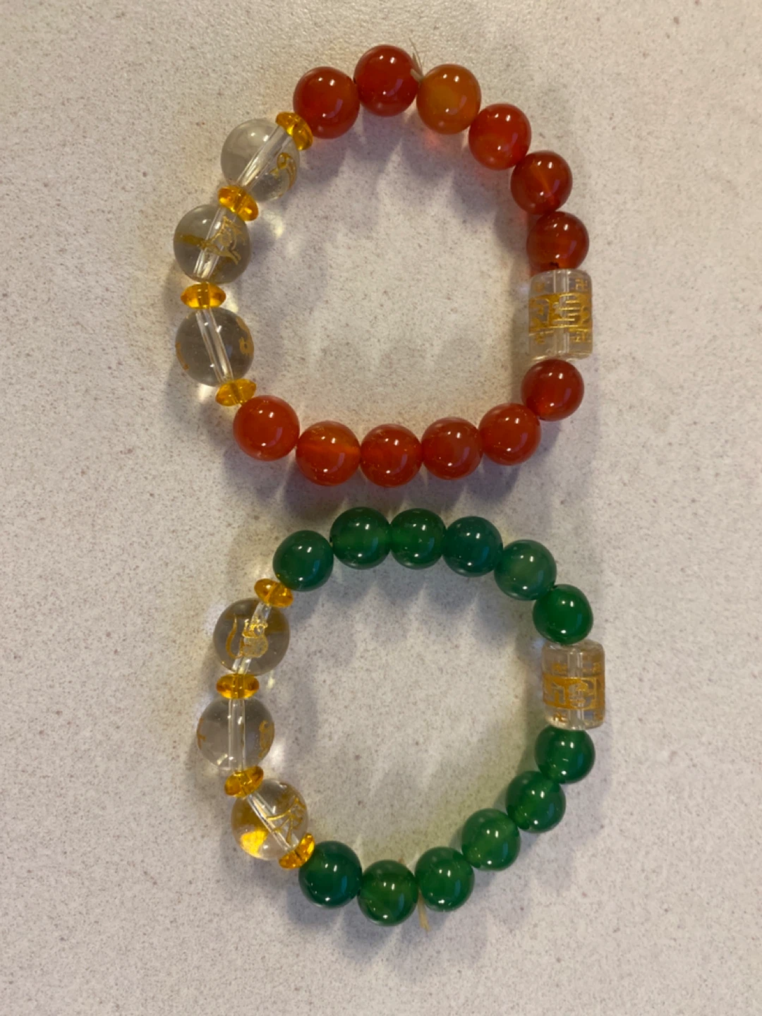 Two Natural Stone Beaded Bracelets - Red Agate and Green Jade