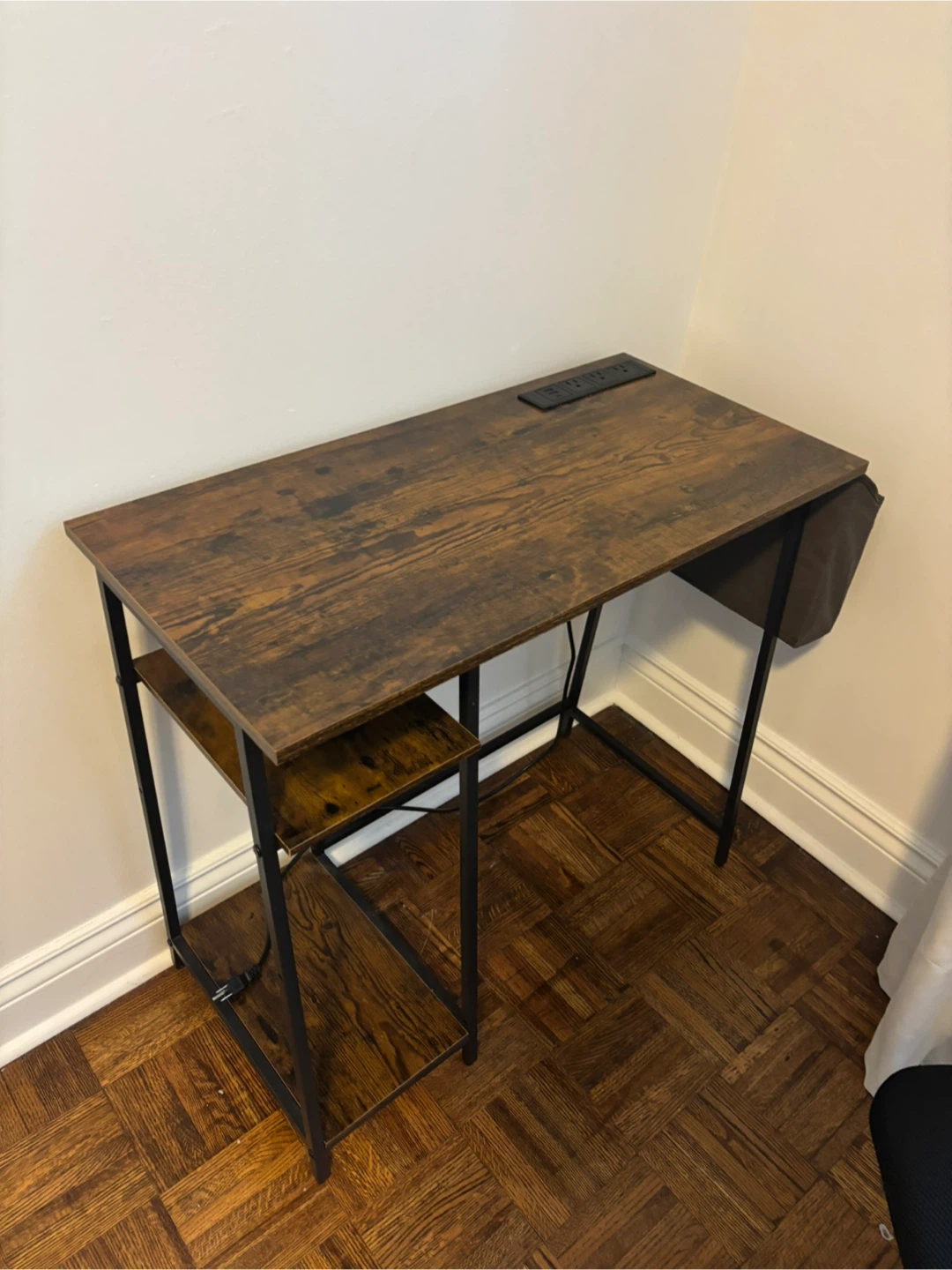 Rustic Wood Grain Desk with Built-in Power Outlet