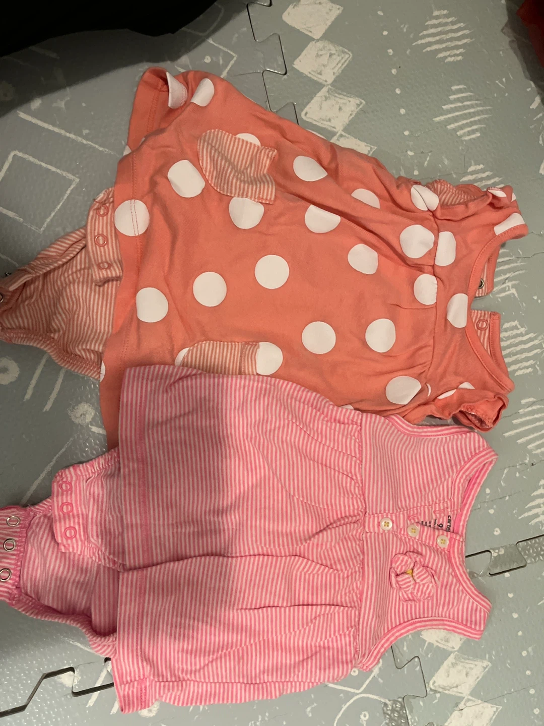 2 Carter's Baby Girls Rompers - Pink Stripe & Coral Polka Dot
