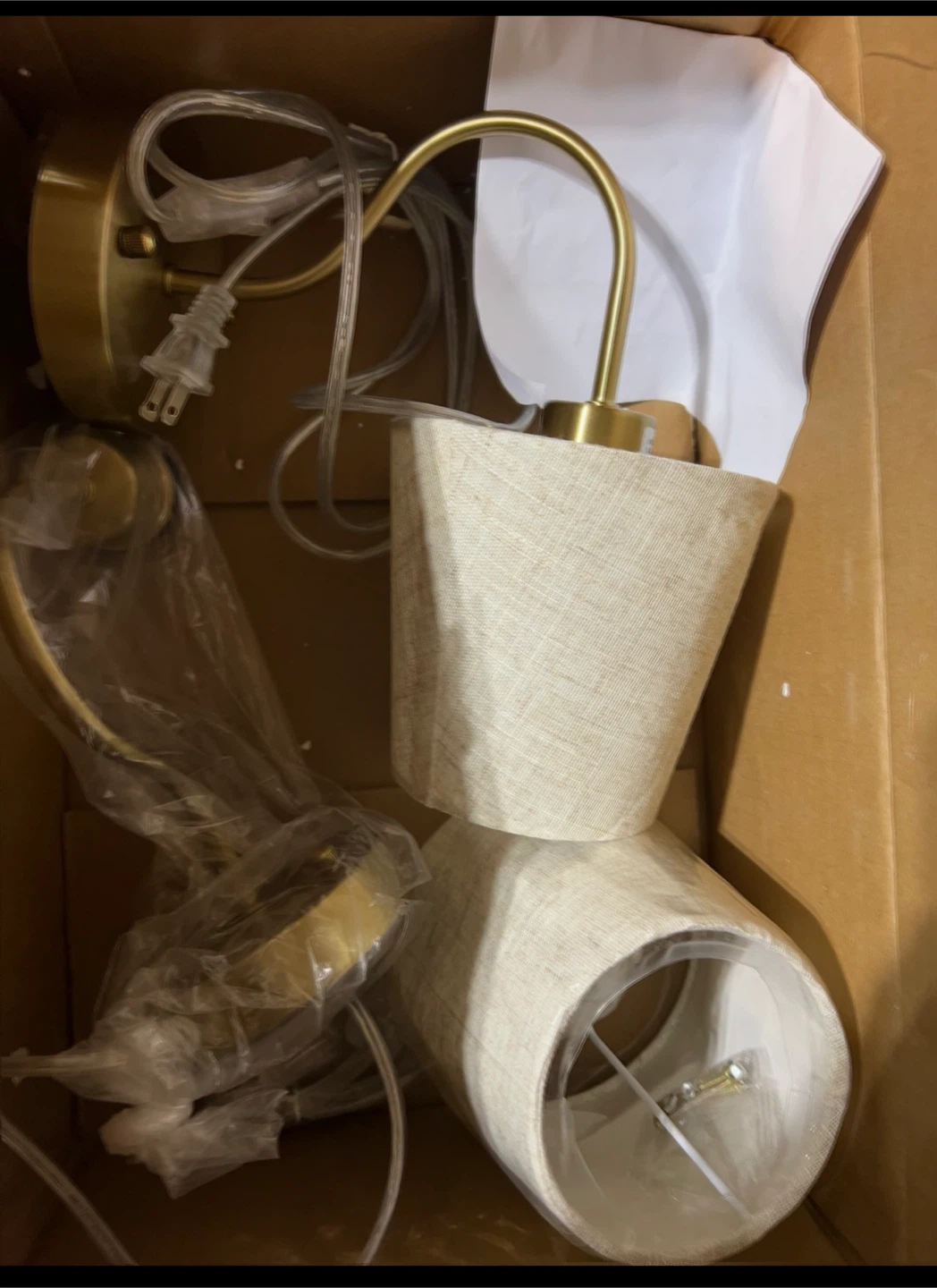 Brass Plug-in Wall Sconces with Linen Shades (Set of 2) - photo 2