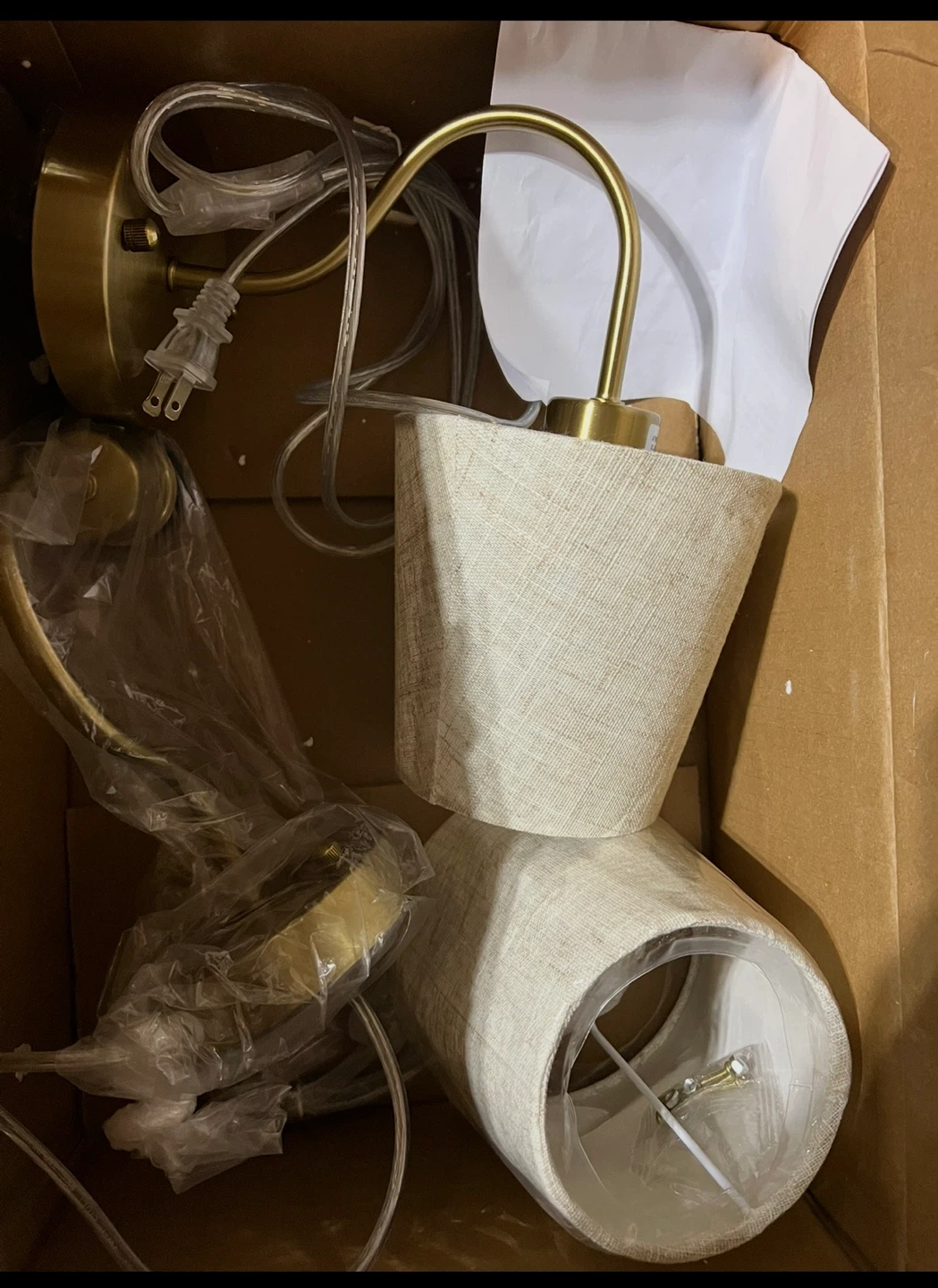 Brass Plug-in Wall Sconces with Linen Shades (Set of 2)