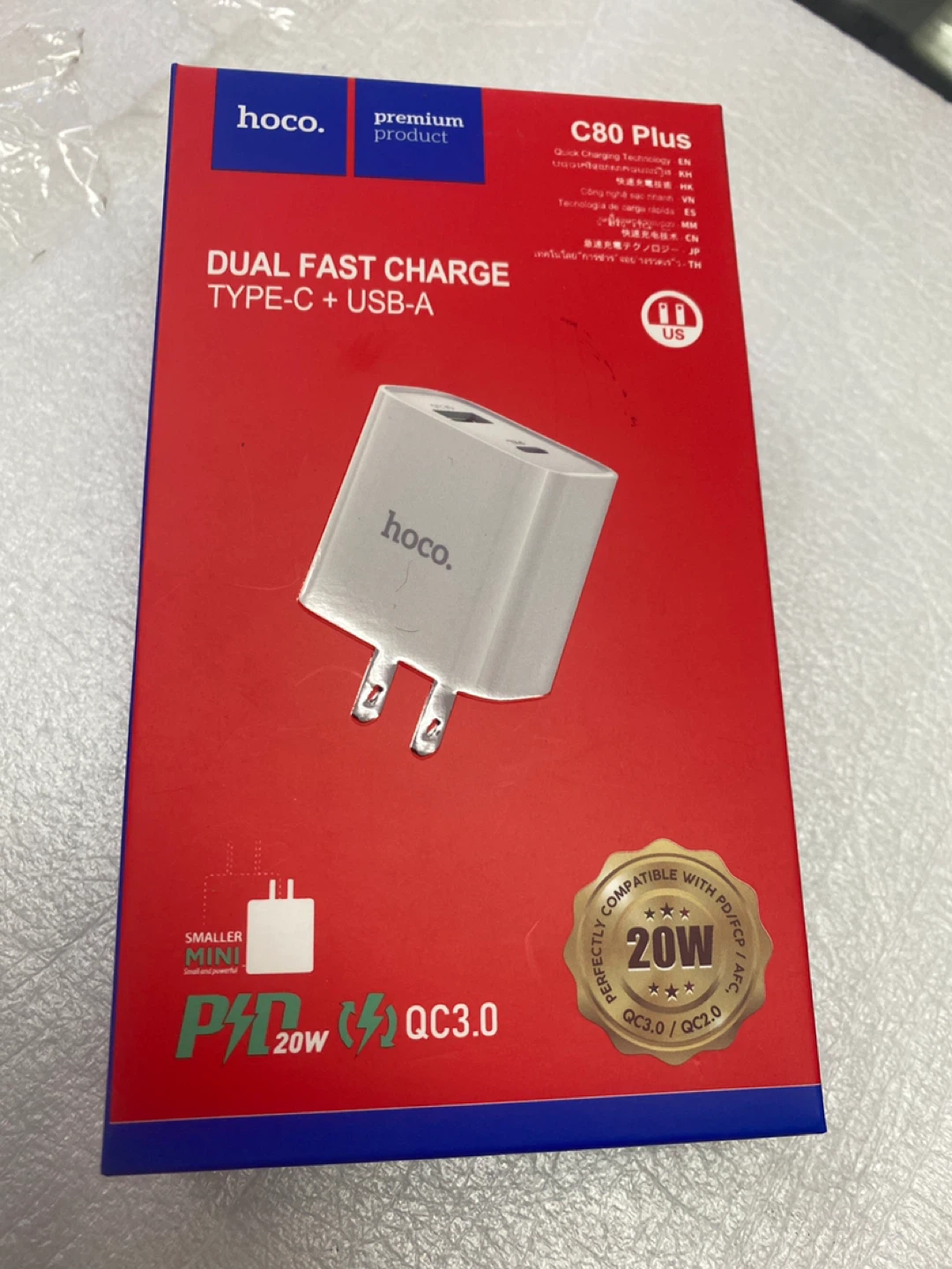 Hoco C80 Plus Dual Fast Charge USB-C + USB-A Power Adapter 20W