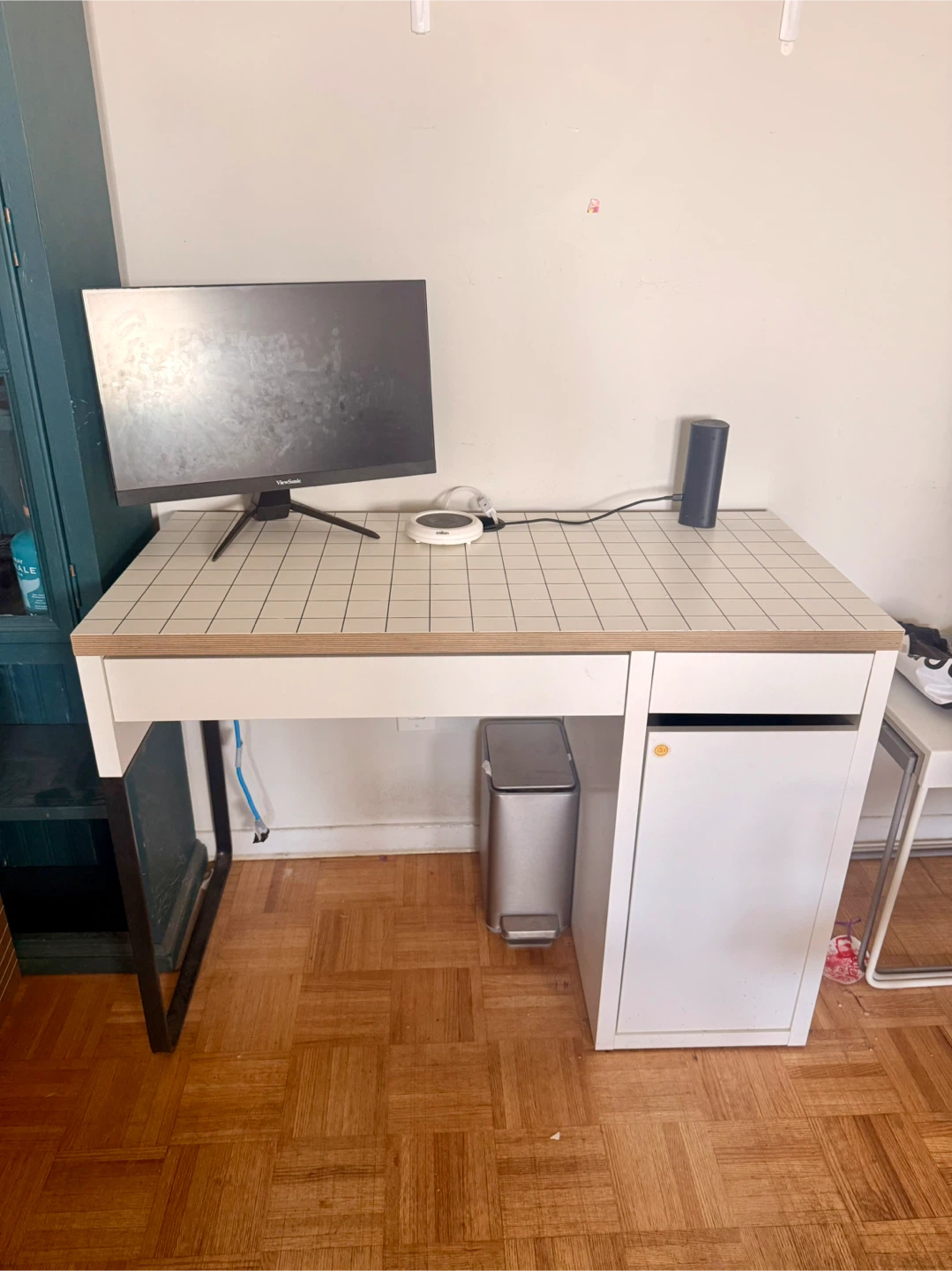 IKEA Micke White Desk with Grid Pattern and Storage Unit