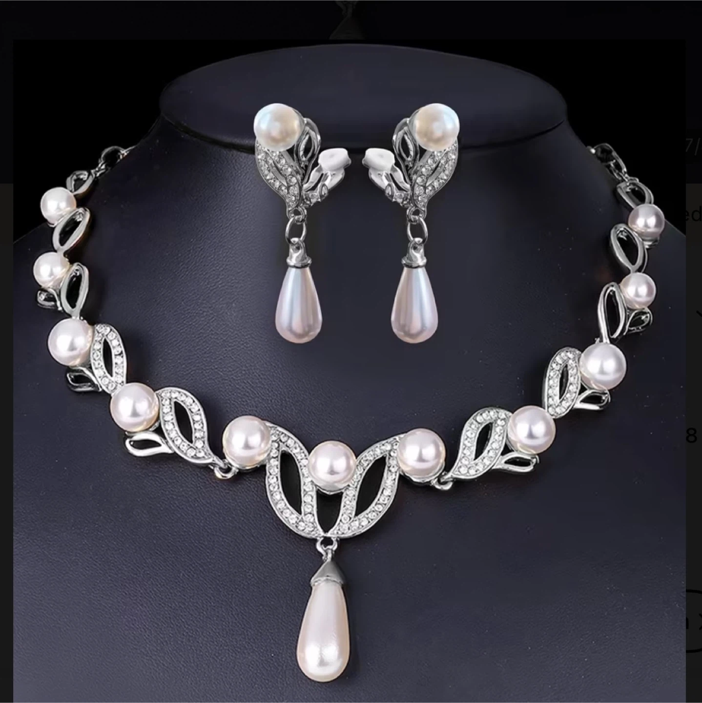 Pearl and Crystal Leaf Design Necklace and Earring Set - photo 4