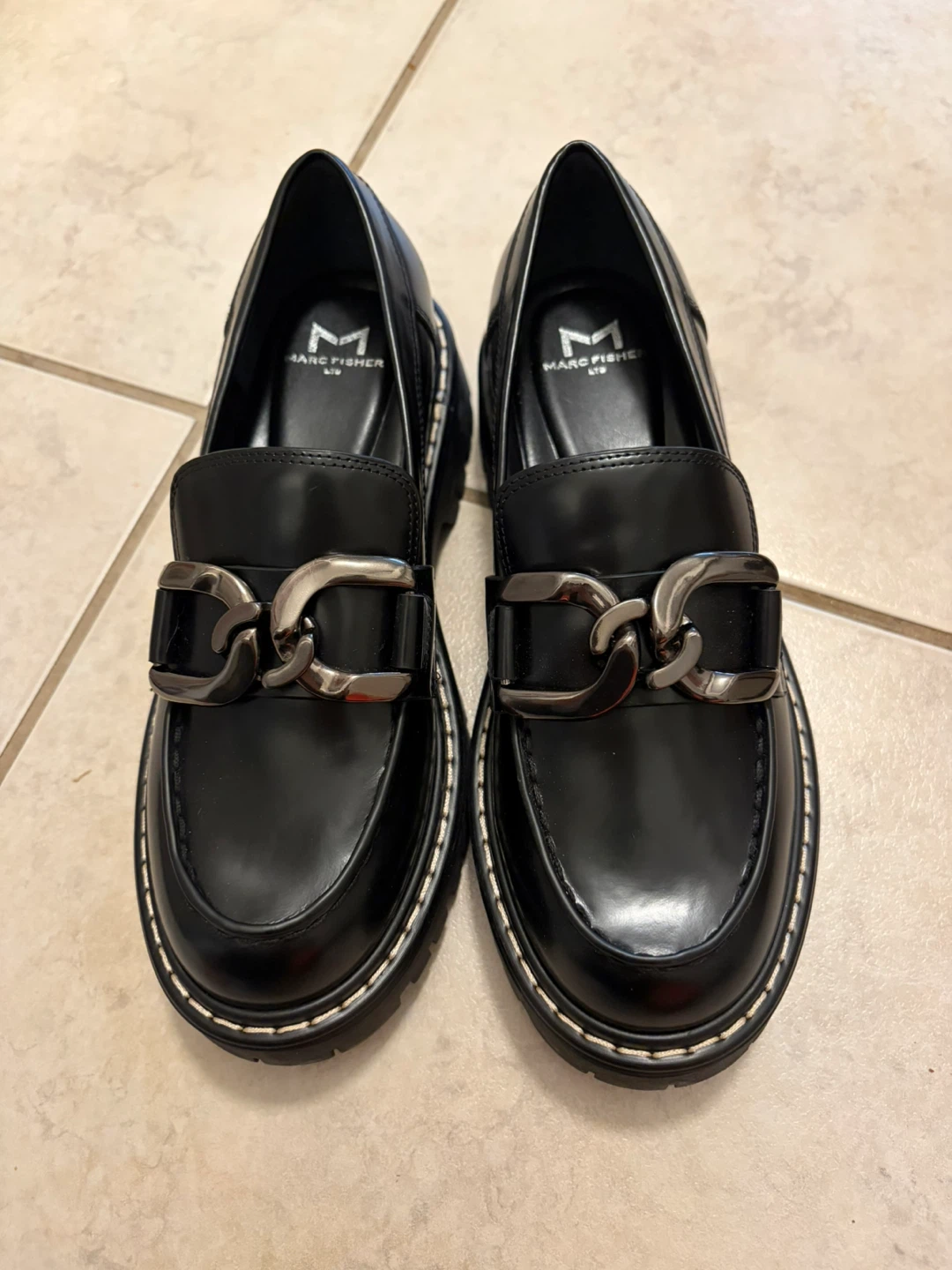 Marc Fisher Trisca Black Leather Chain Loafers