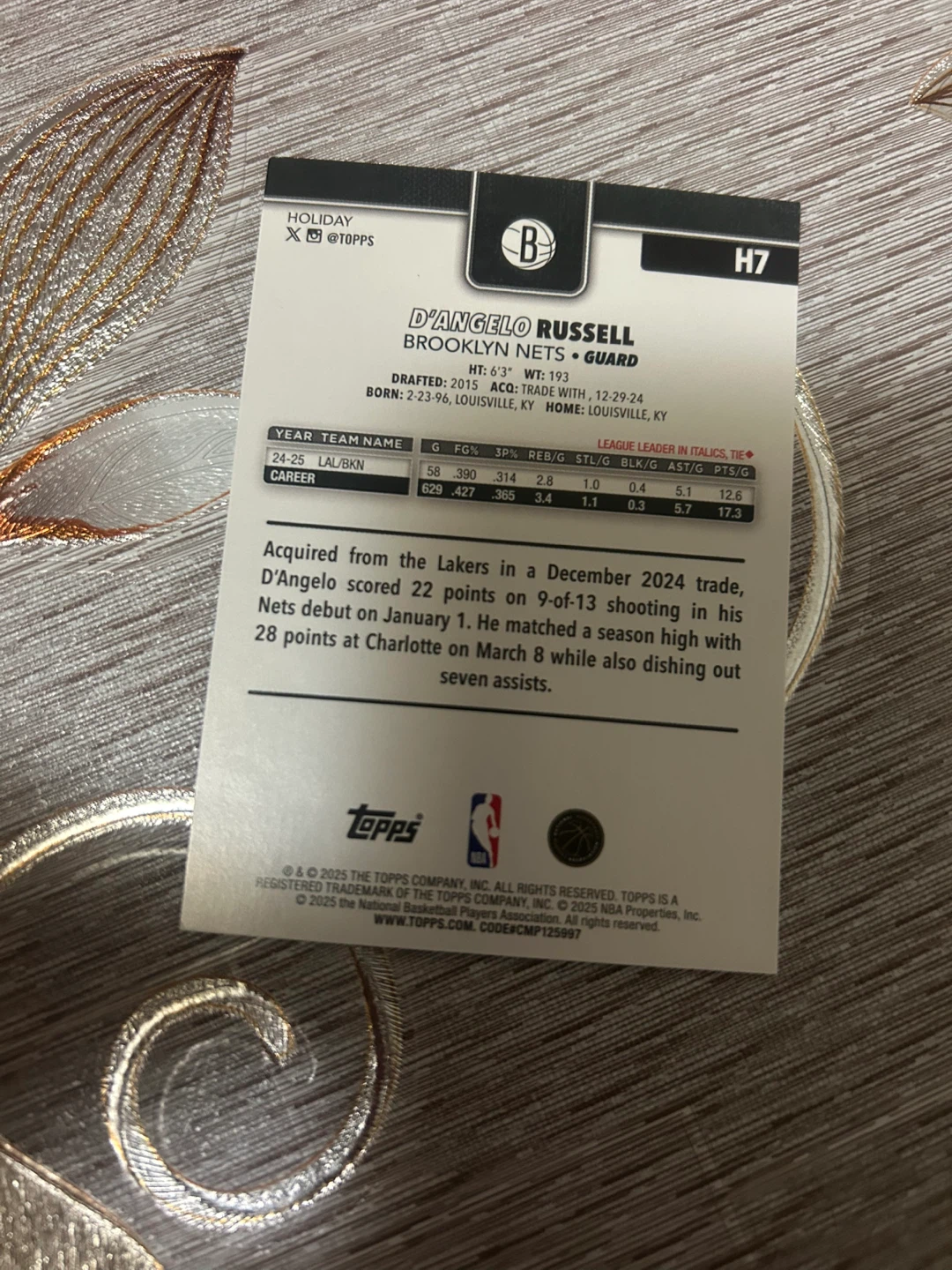 2023-24 Topps Brooklyn Nets D'Angelo Russell NBA Card H7 - photo 2