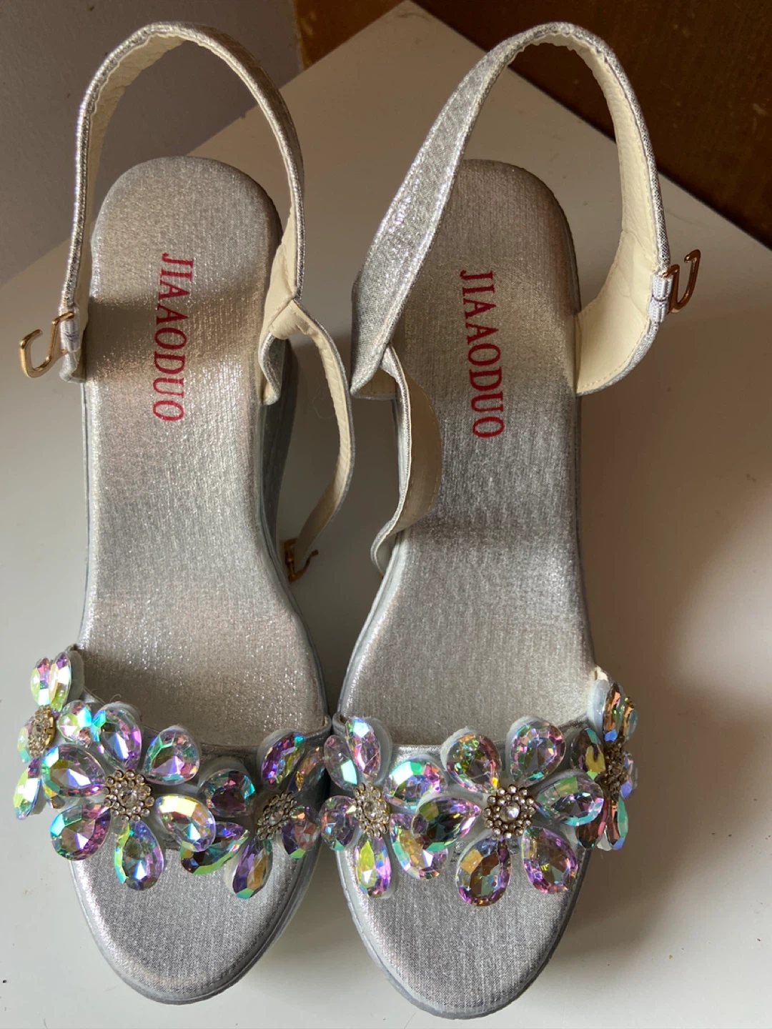 JIA AODUO Silver Wedge Sandals with Rhinestone Flowers - Size 38