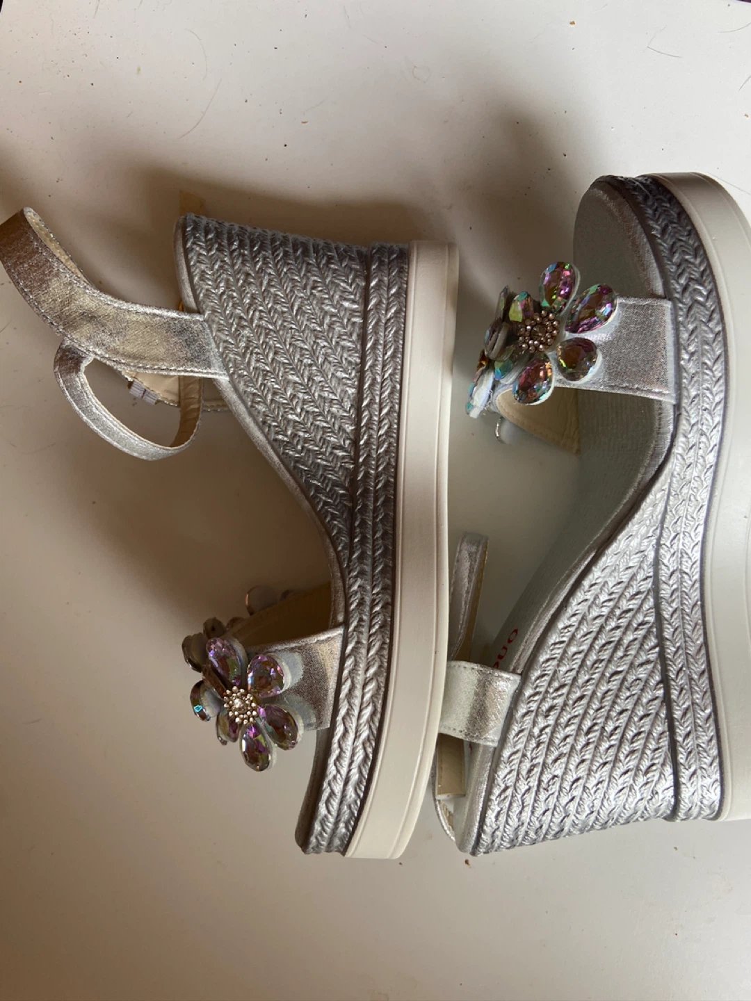 JIA AODUO Silver Wedge Sandals with Rhinestone Flowers - Size 38 - photo 2