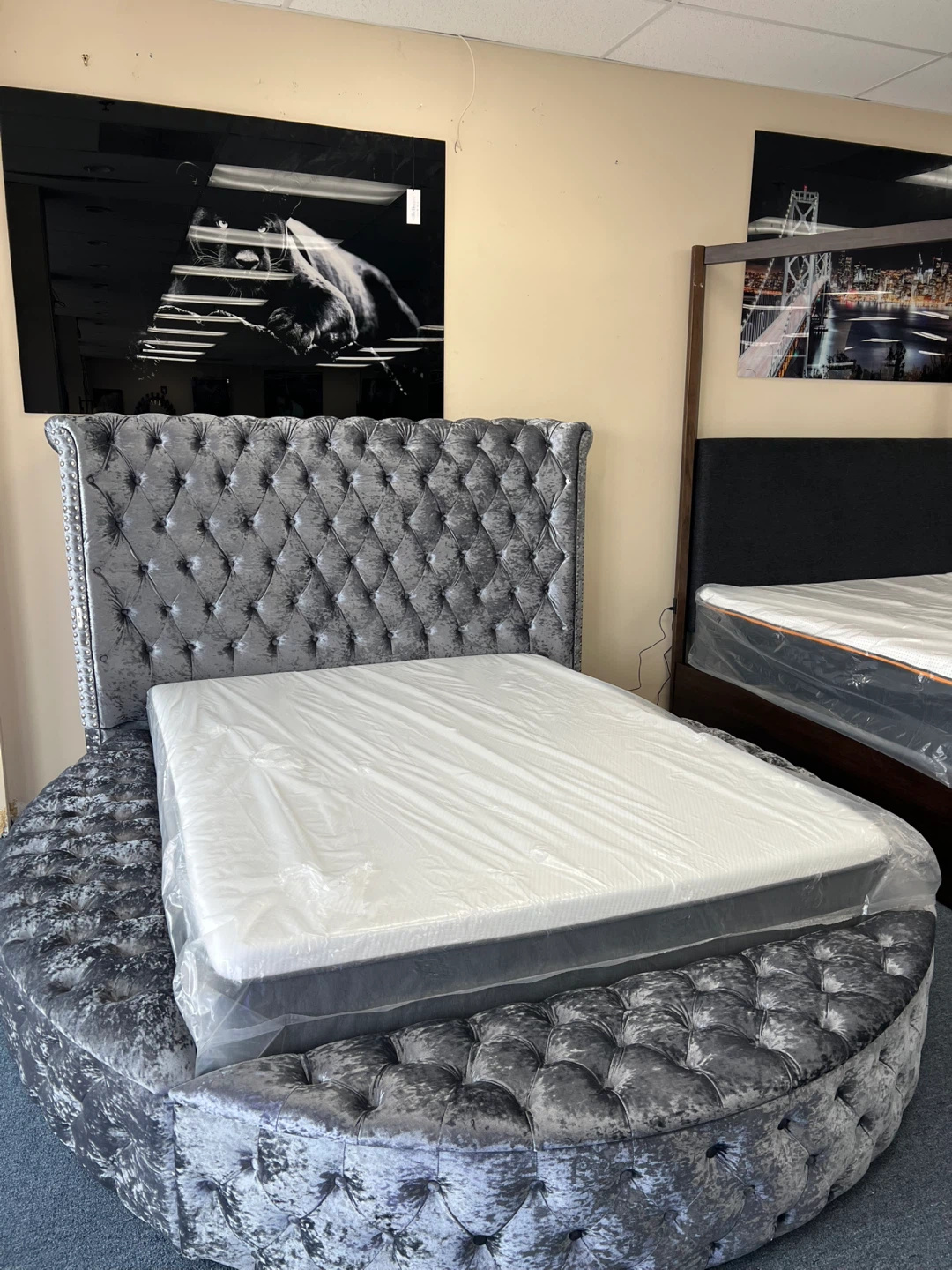Grey velvet storage bed