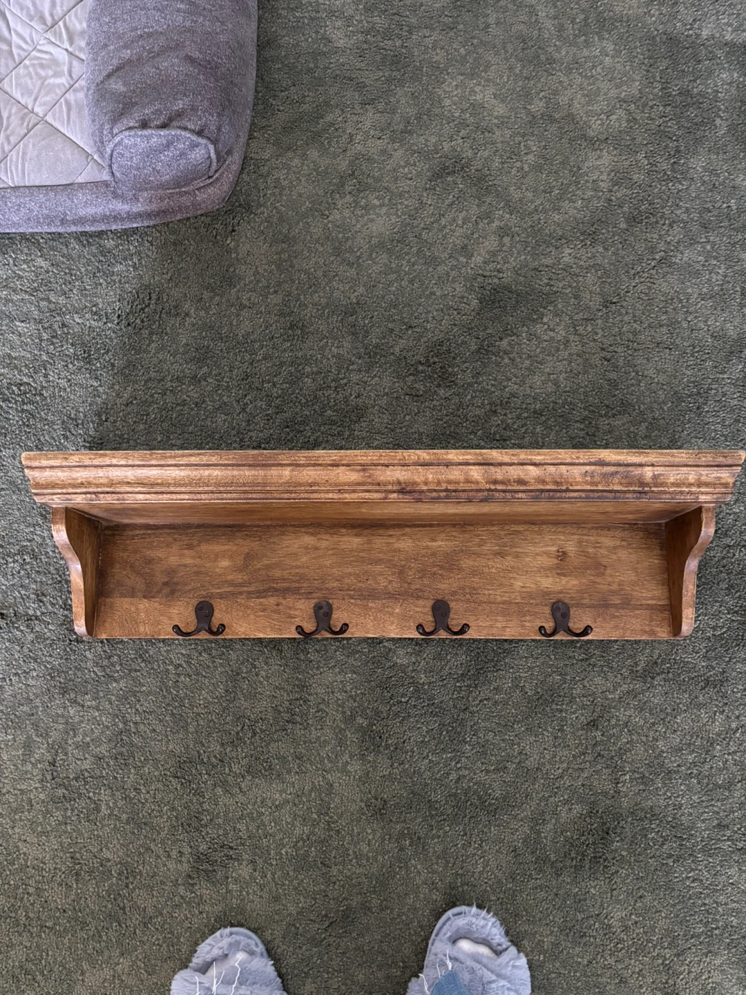Wooden Wall Shelf with 4 Hooks