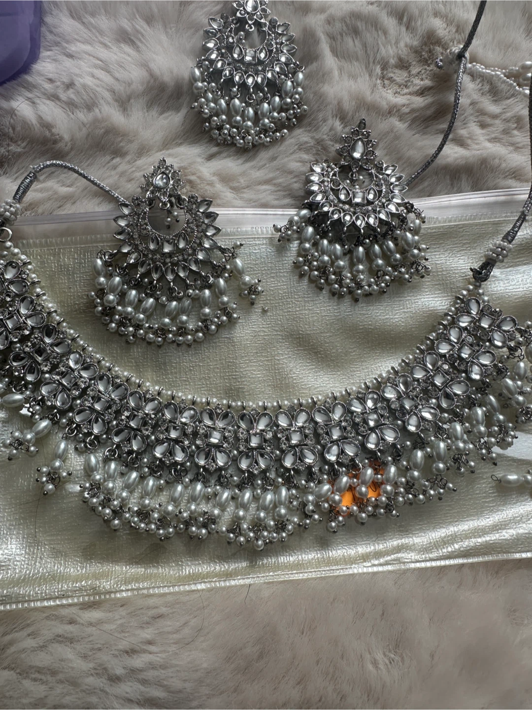 Silver Choker Necklace and Earrings Set with Pearls