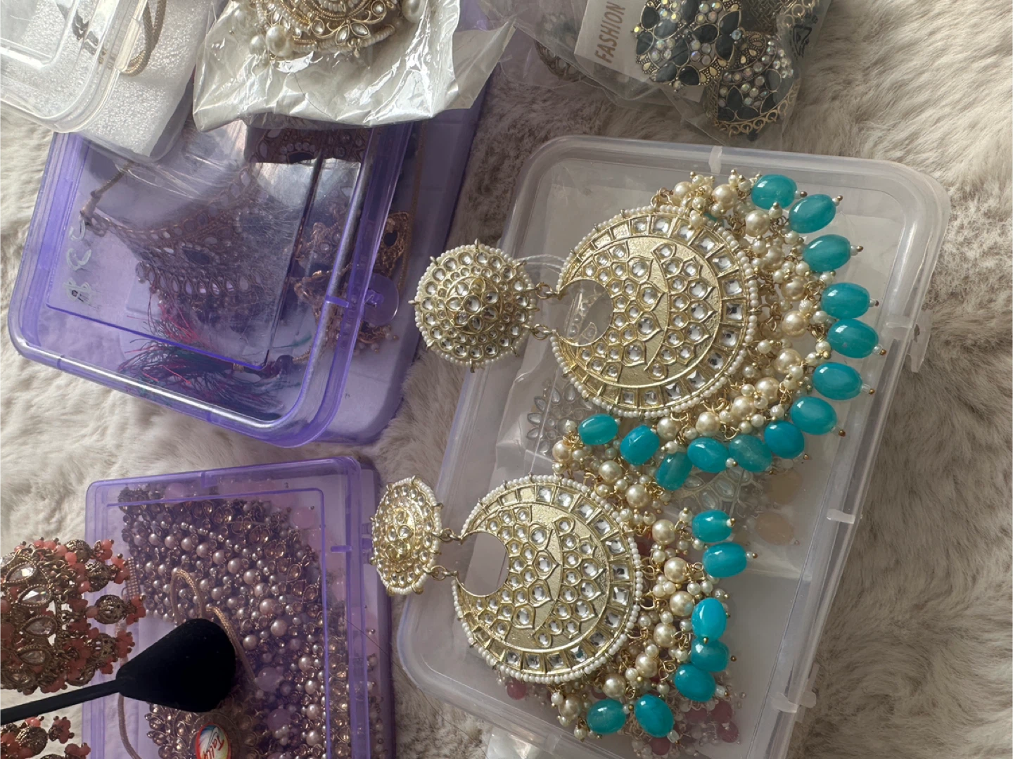 Statement Gold Chandbali Earrings with Blue Beads