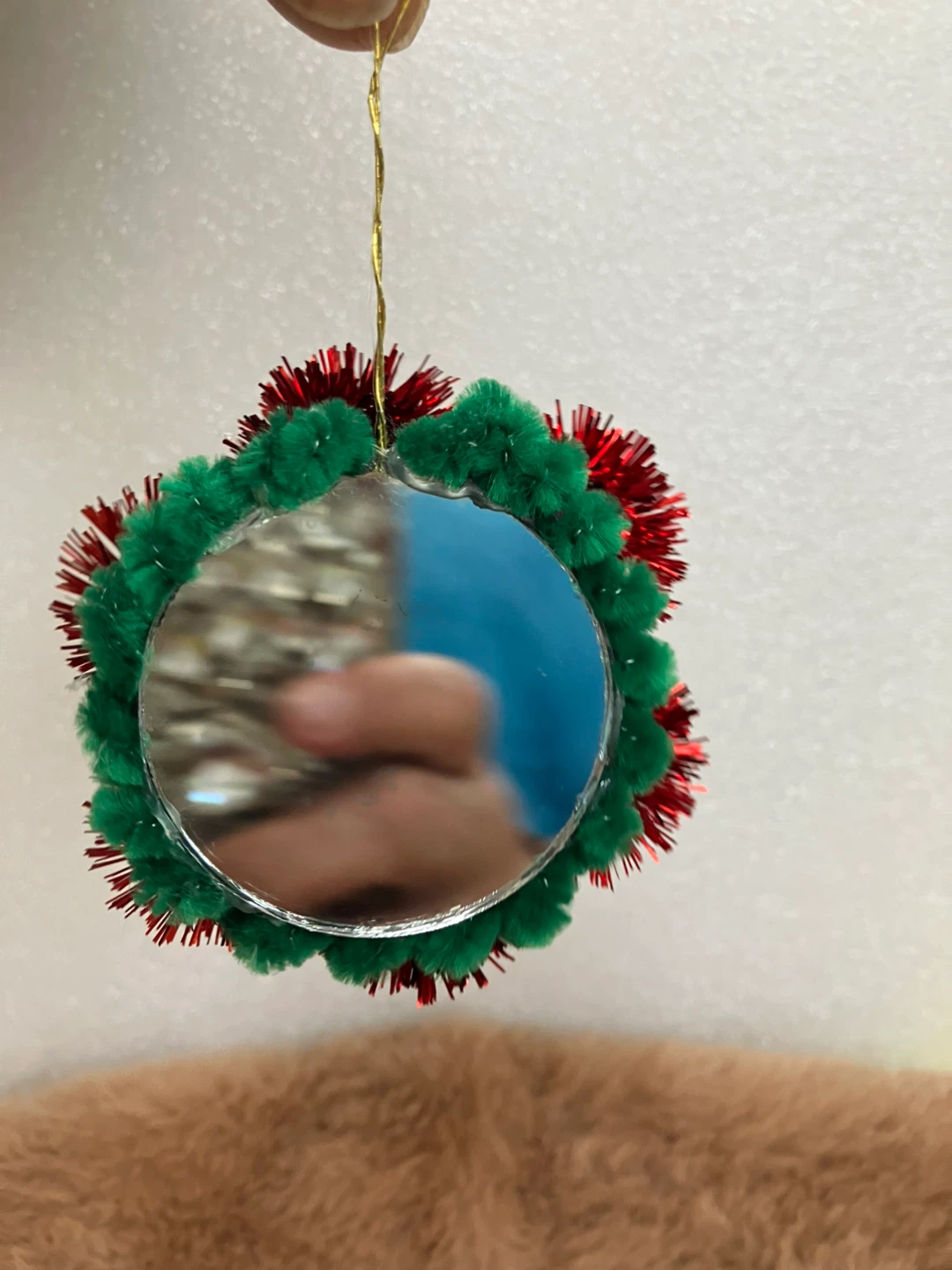 Handmade Christmas Ornament with Mirror and Red/Green Tinsel - photo 2