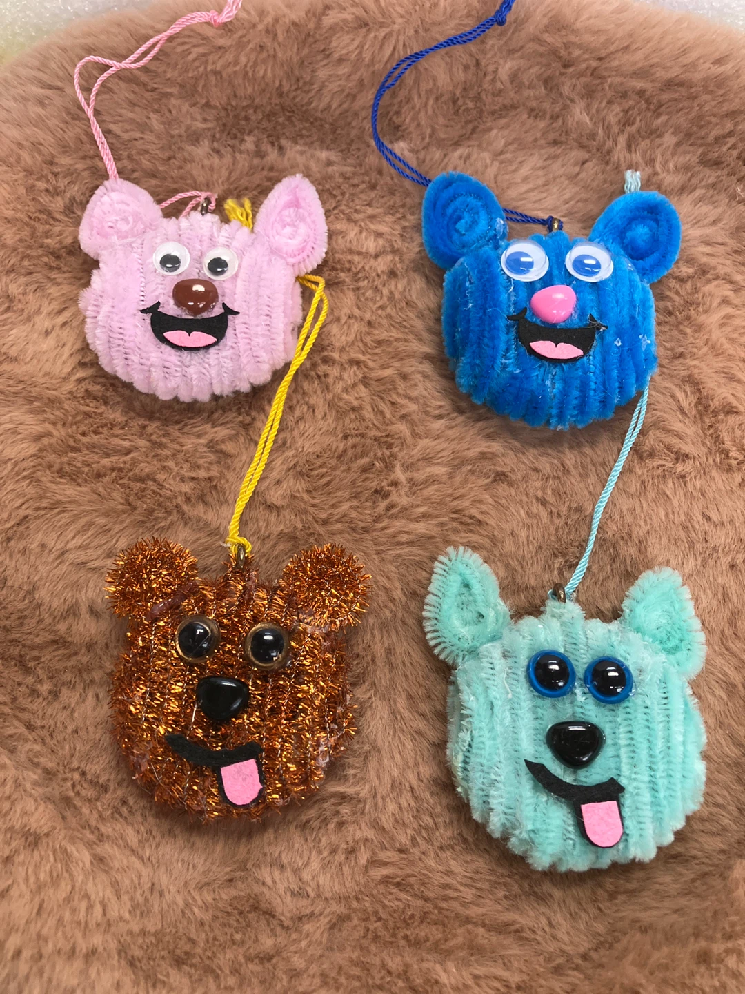Blue Fuzzy Monster Face Ornament with String
