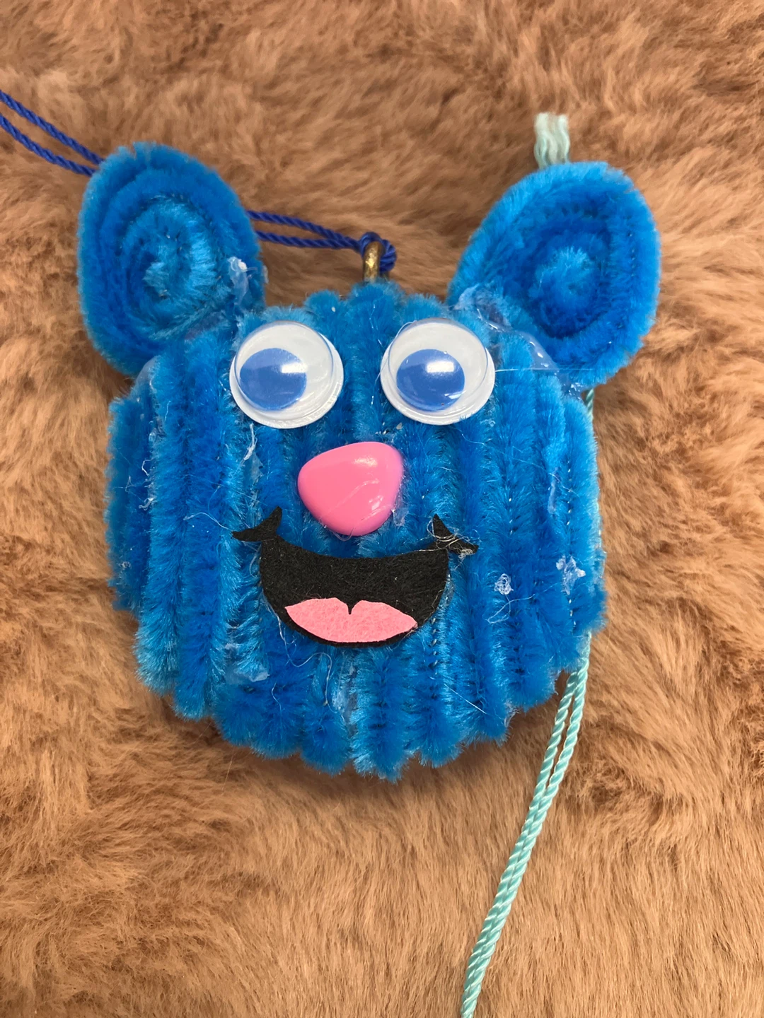 Blue Fuzzy Monster Face Ornament with String - photo 4