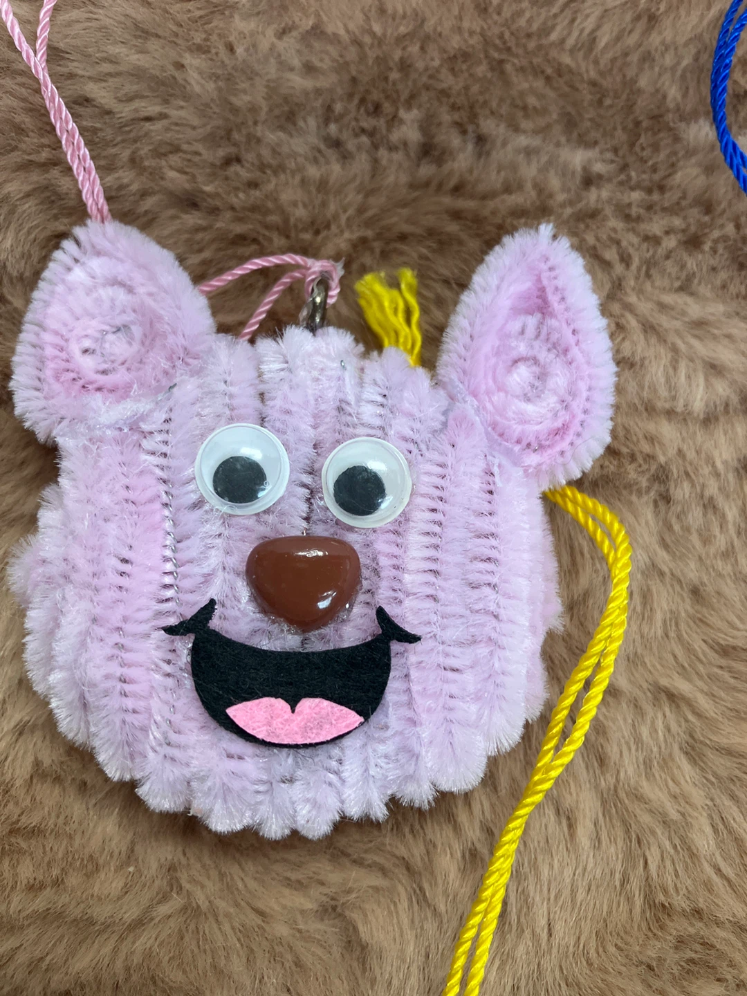 Blue Fuzzy Monster Face Ornament with String - photo 5