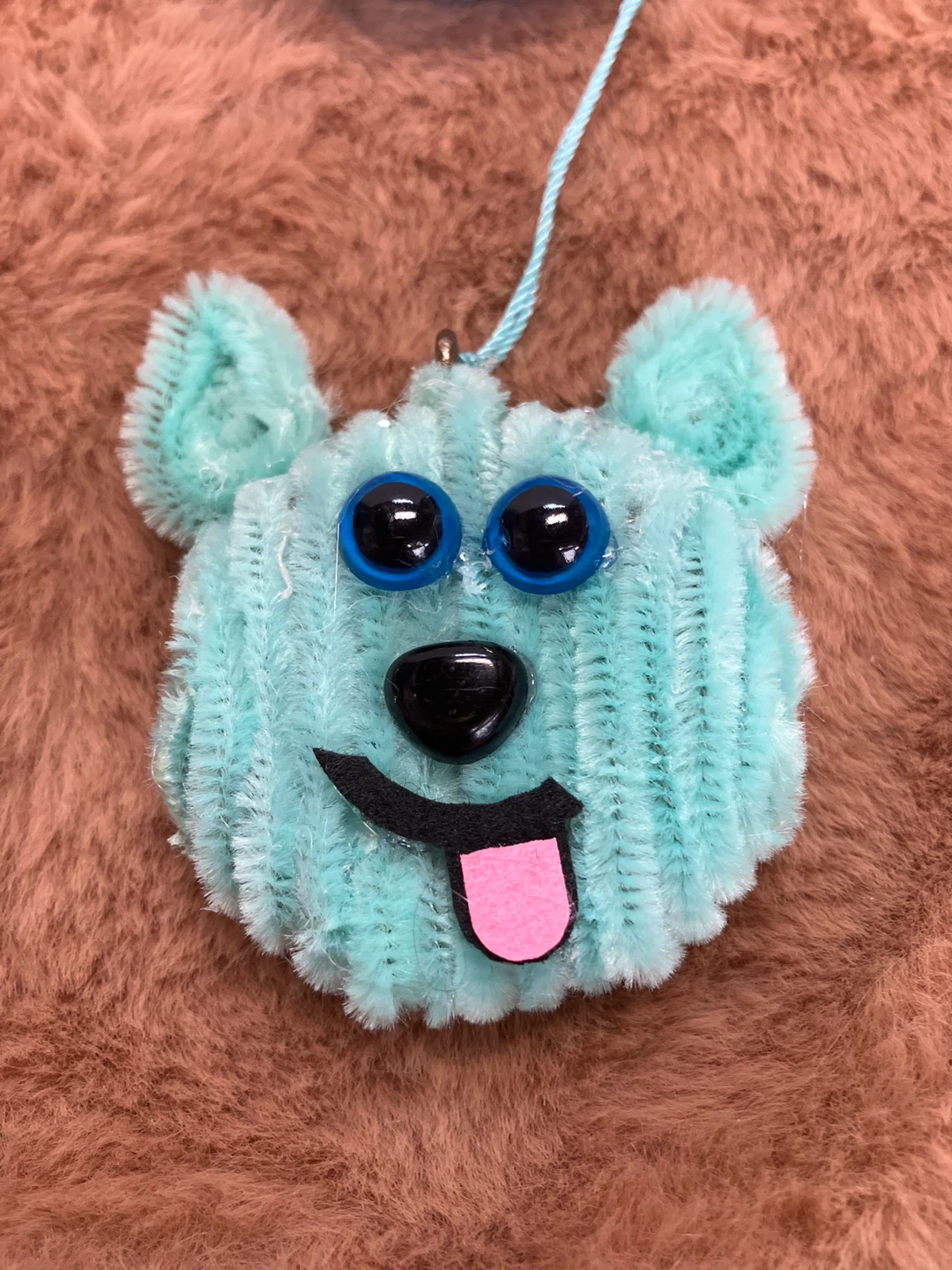 Blue Fuzzy Monster Face Ornament with String - photo 3