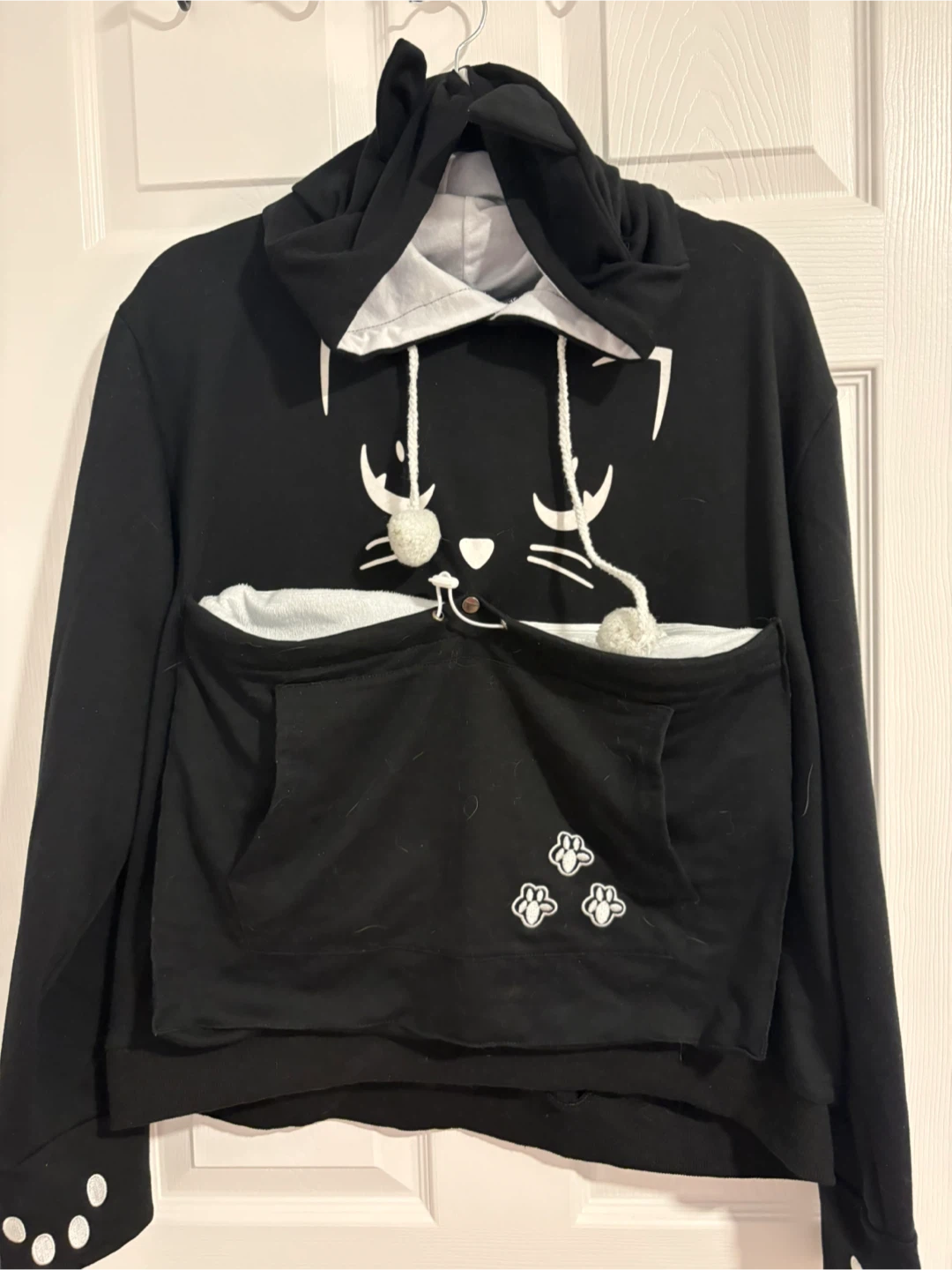 Black Hoodie with Cat Face Pouch