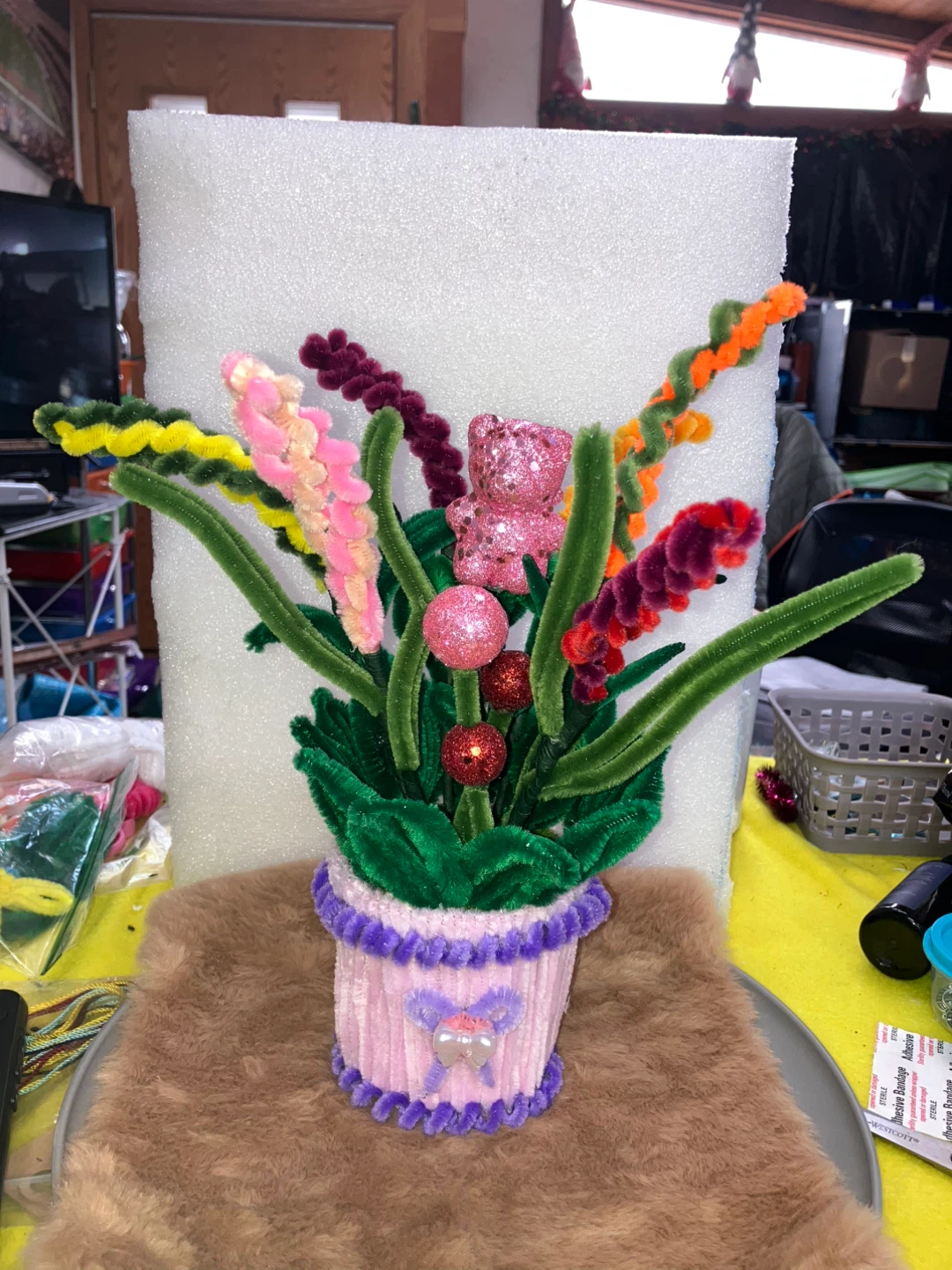 Handmade Pipe Cleaner Flower Arrangement with Teddy Bear