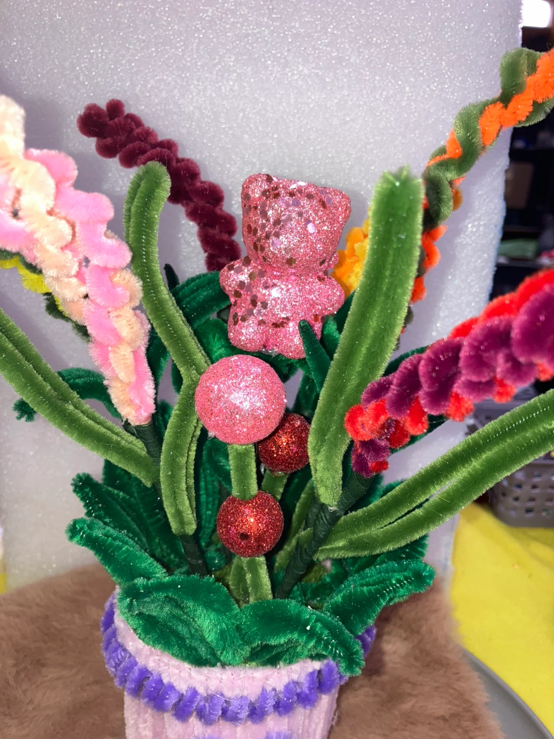 Handmade Pipe Cleaner Flower Arrangement with Teddy Bear - photo 3