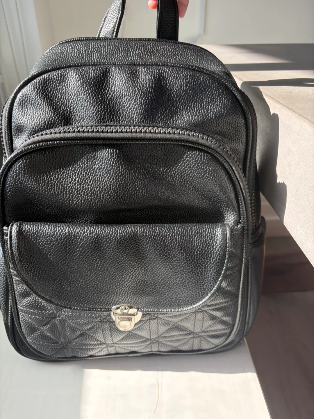 Black Faux Leather Quilted Backpack