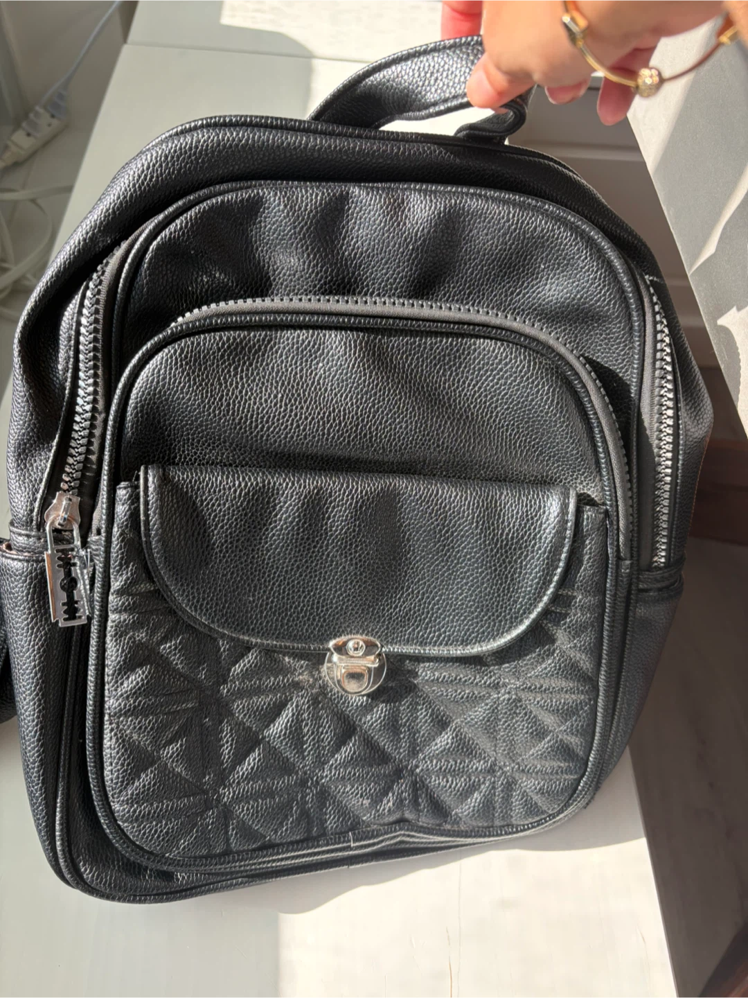 Black Faux Leather Quilted Backpack - photo 2