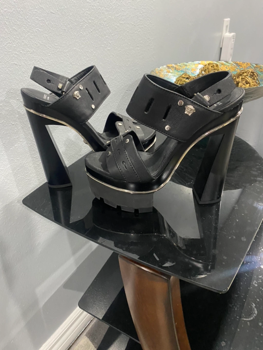 Versace Black Leather Studded Platform Heels