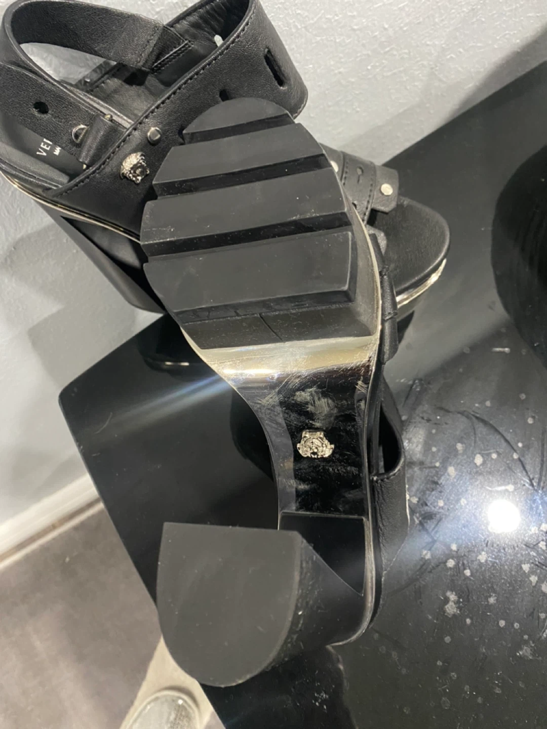 Versace Black Leather Studded Platform Heels - photo 3