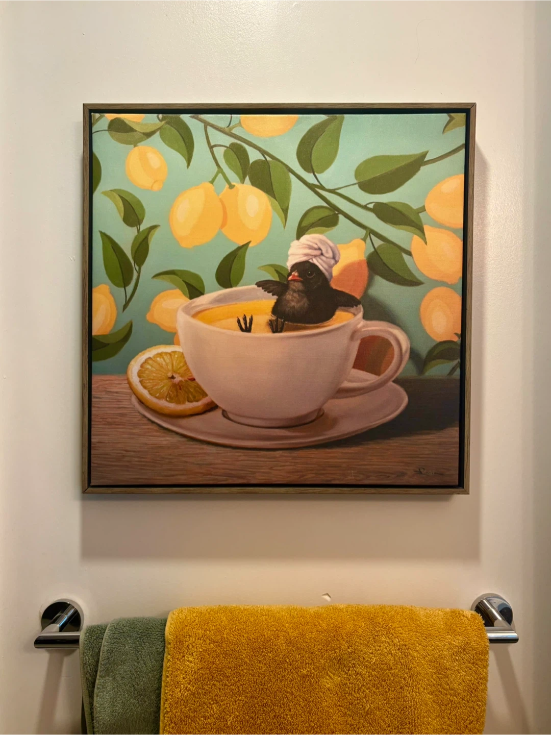 Bird Bathing Lemon Tea Framed wall art
