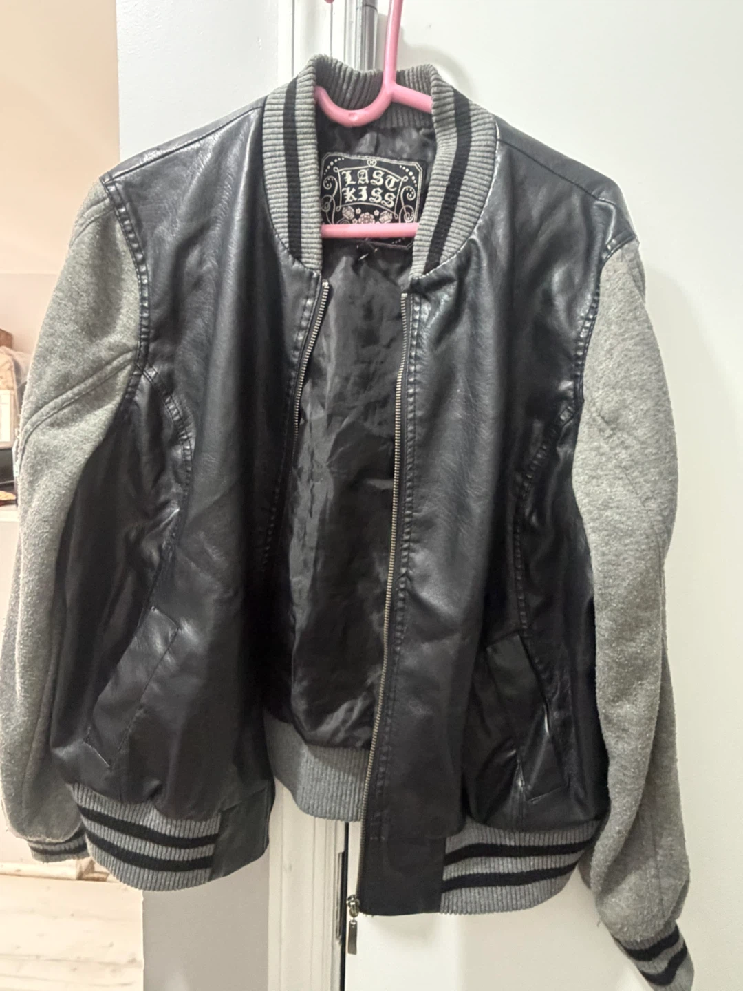 Last Kiss Black Faux Leather & Grey Varsity Jacket - 2X