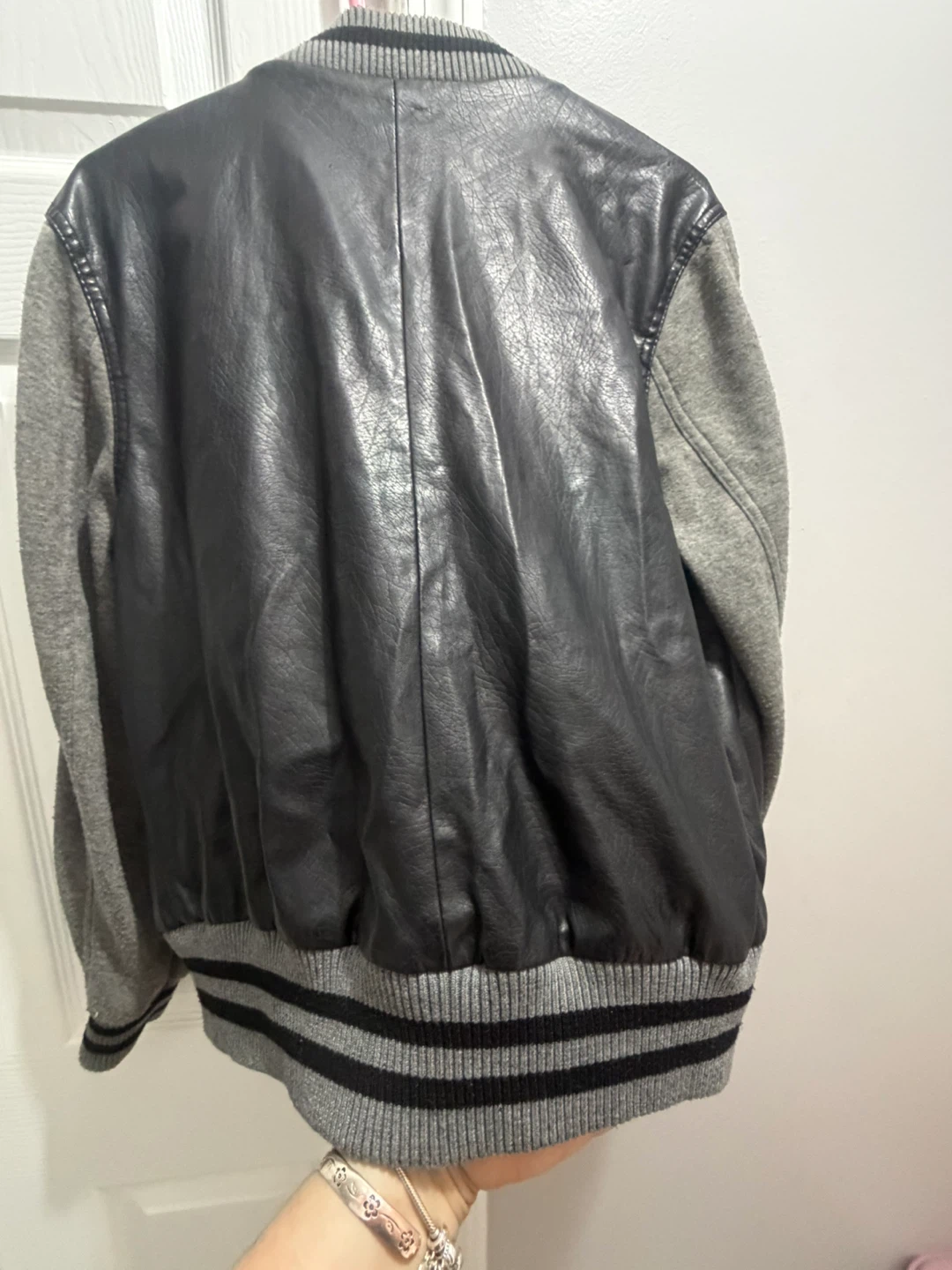 Last Kiss Black Faux Leather & Grey Varsity Jacket - 2X - photo 2