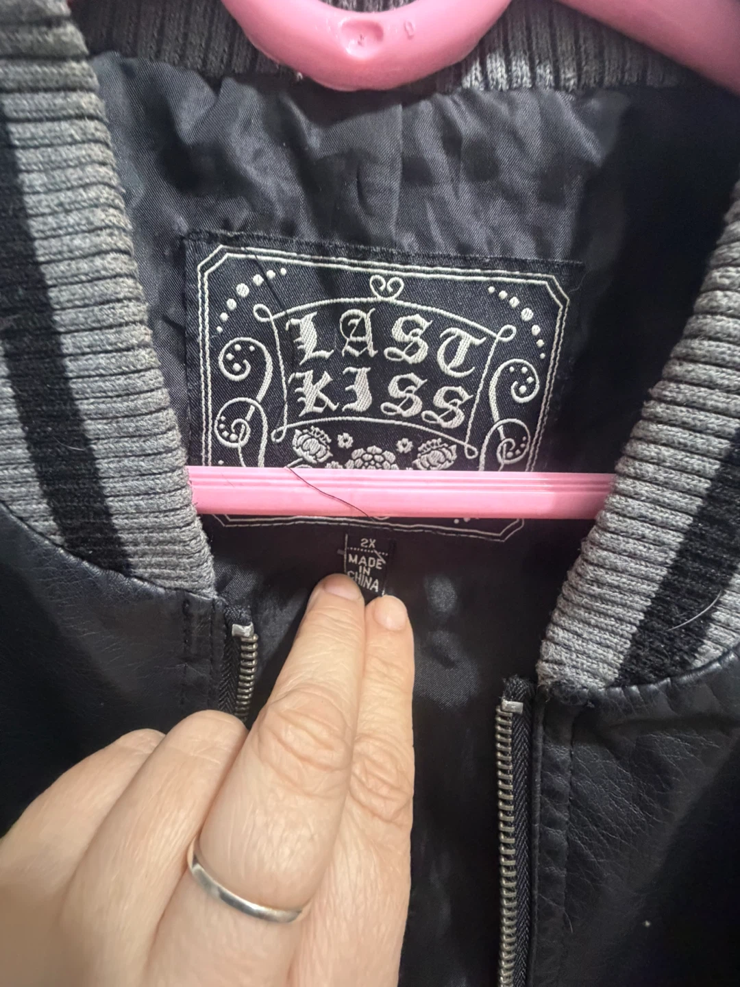Last Kiss Black Faux Leather & Grey Varsity Jacket - 2X - photo 4