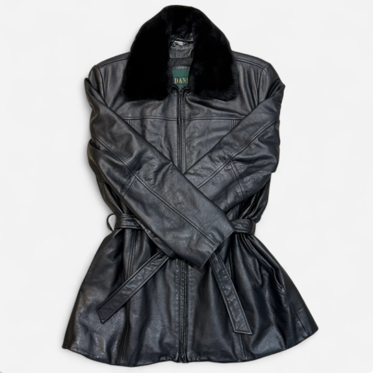 DANIER Classic Leather Trench Coat With Faux Fur Collar (Black) - photo 2