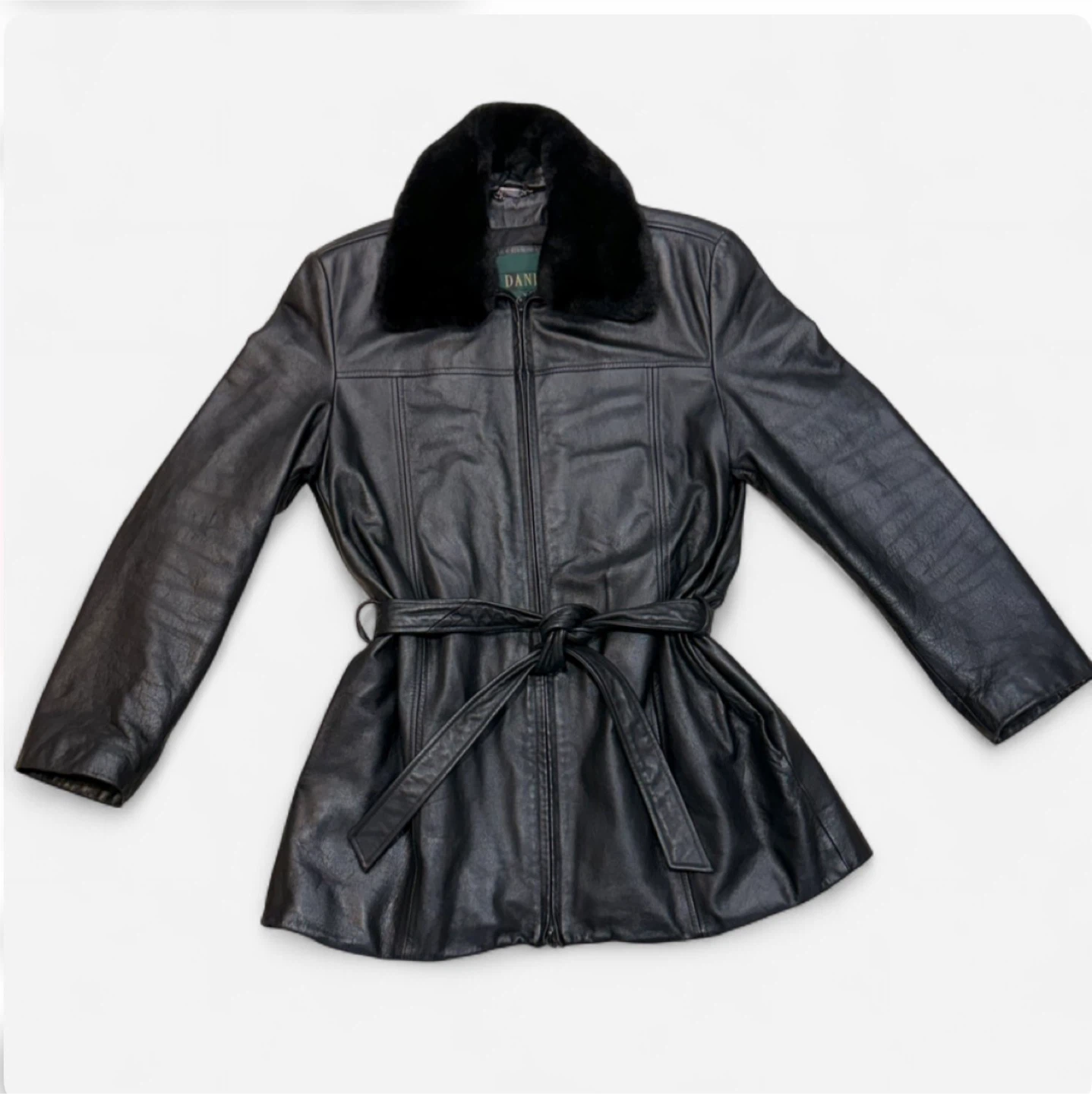 DANIER Classic Leather Trench Coat With Faux Fur Collar (Black) - photo 5