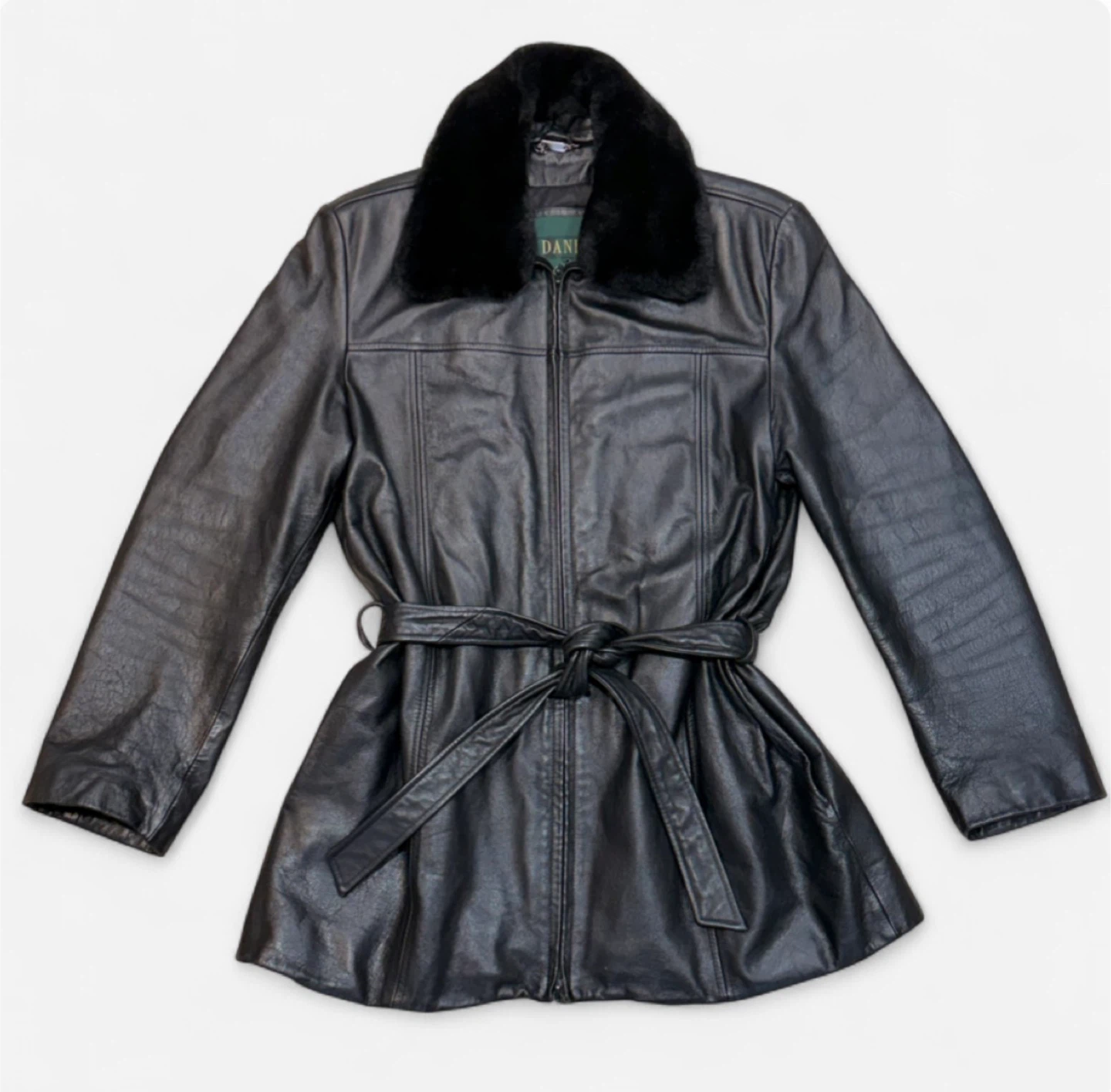 DANIER Classic Leather Trench Coat With Faux Fur Collar (Black) - photo 4