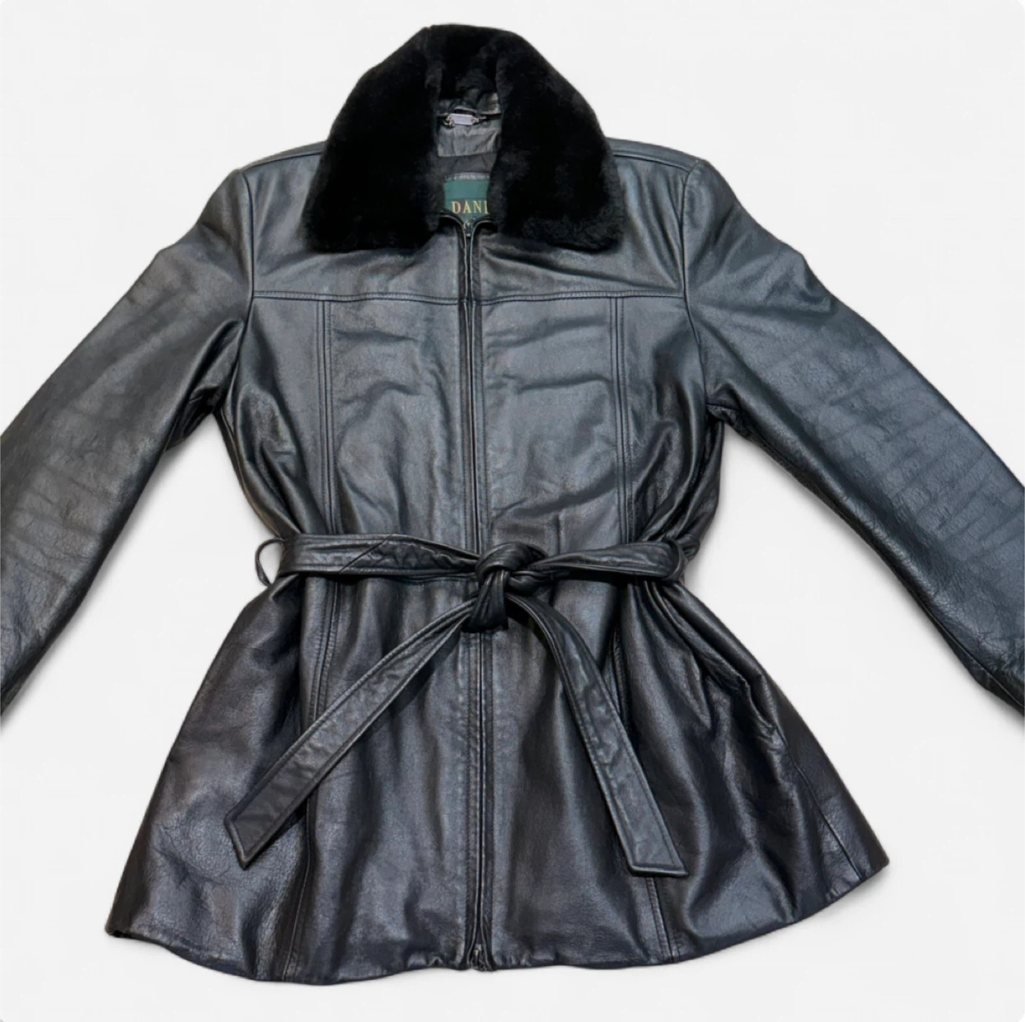 DANIER Classic Leather Trench Coat With Faux Fur Collar (Black)