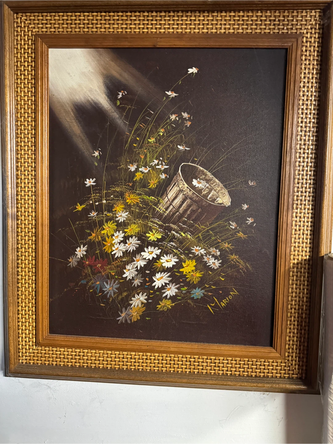 Vintage floral still life oil painting of daises in  a  basket