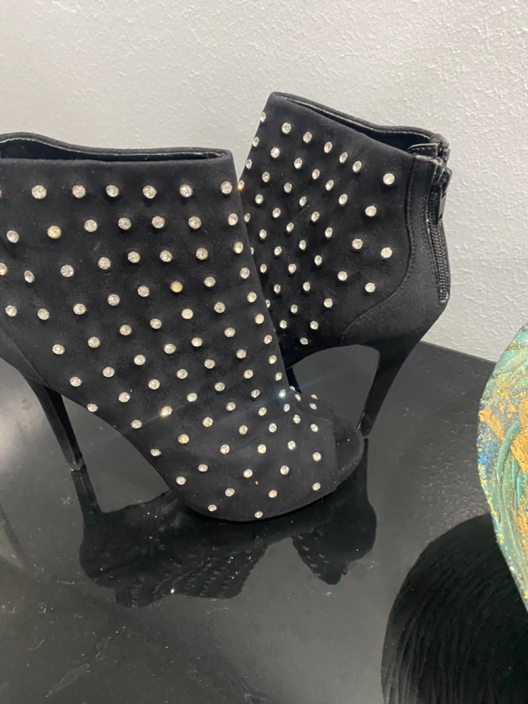 Black Suede Rhinestone Studded Peep-Toe Ankle Boots