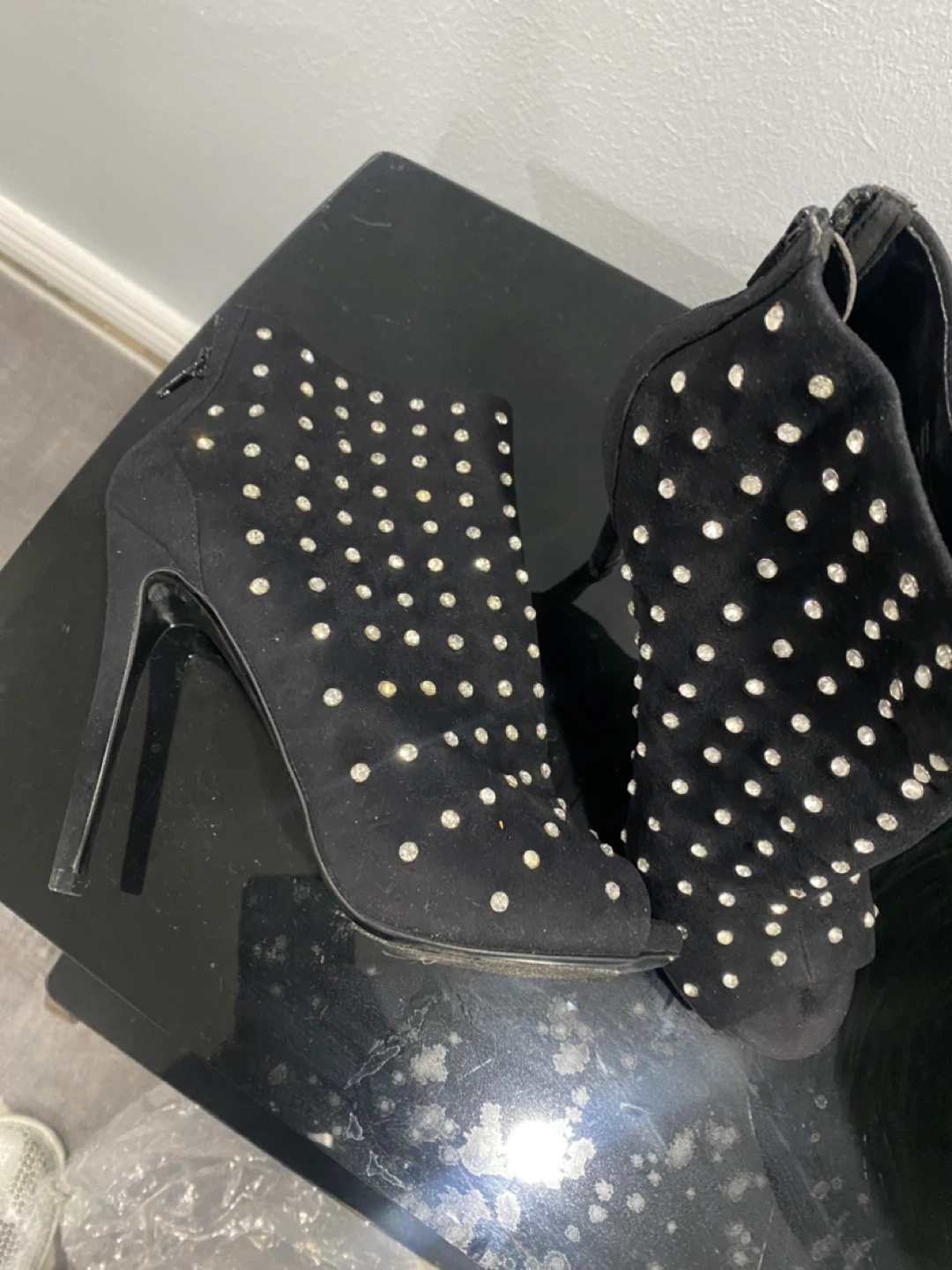 Black Suede Rhinestone Studded Peep-Toe Ankle Boots - photo 3